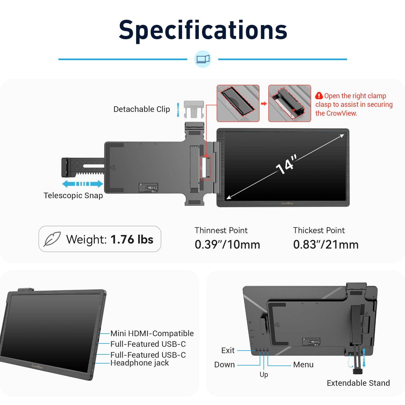 Elecrow Laptop Screen Extender 14 Inch Portable Monitor For Laptop (13    16.5   ) Crowview Fhd 1080P Usb C Dual Screen Travel M