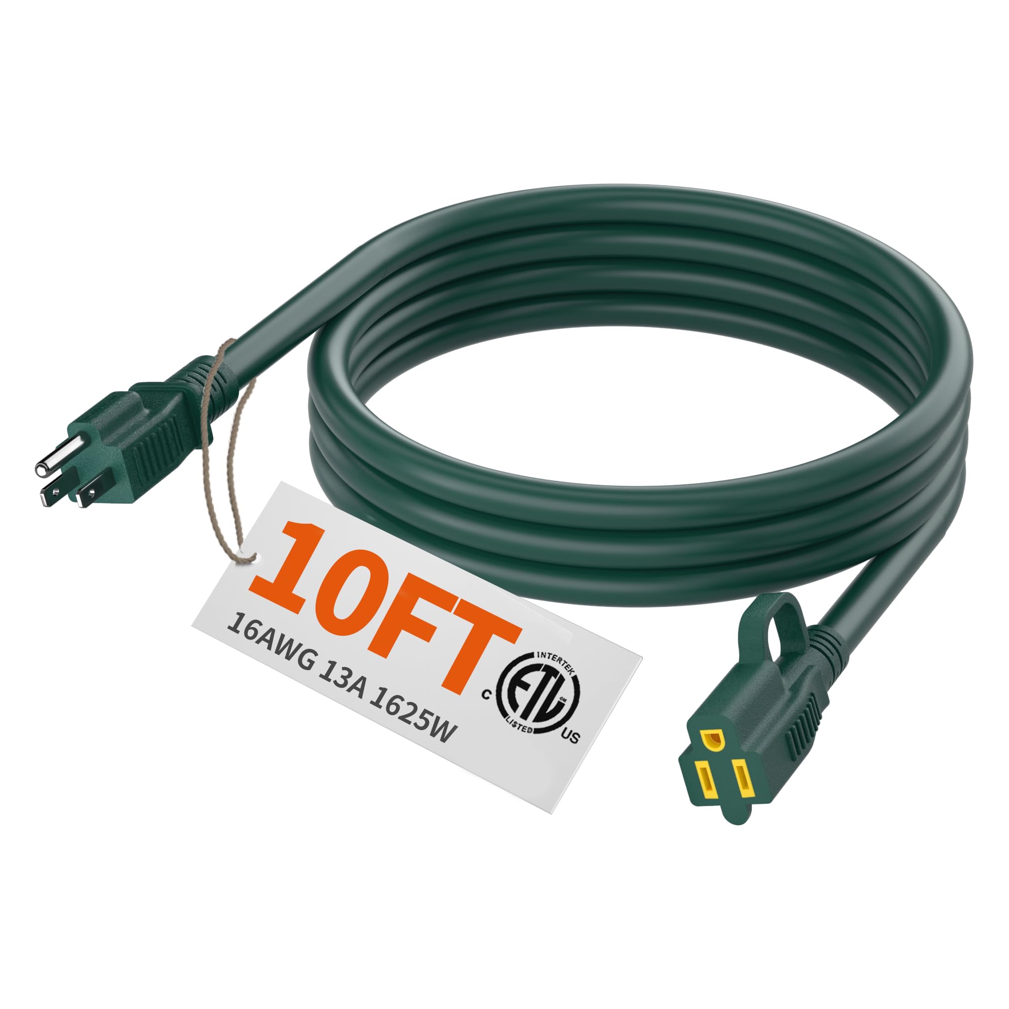 Indoor Outdoor Green Extension Cord 10 Ft Waterproof, 16/3 Gauge Flexible Cold Resistant Appliance Extension Cord Outside, 13A 1
