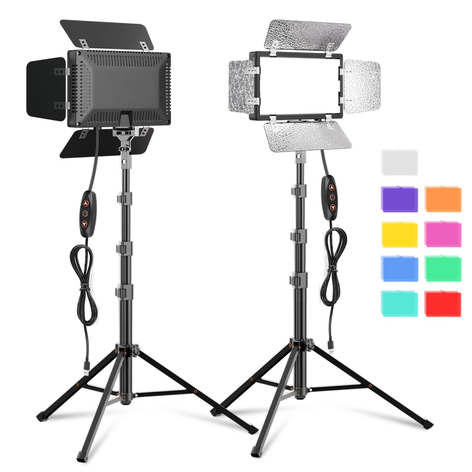 2 Pack Led Video Photography Lighting Kit With 54'' Tripod Stand, Dimmable 5600K Usb Studio Lights With Barndoor  9 Color Lighti