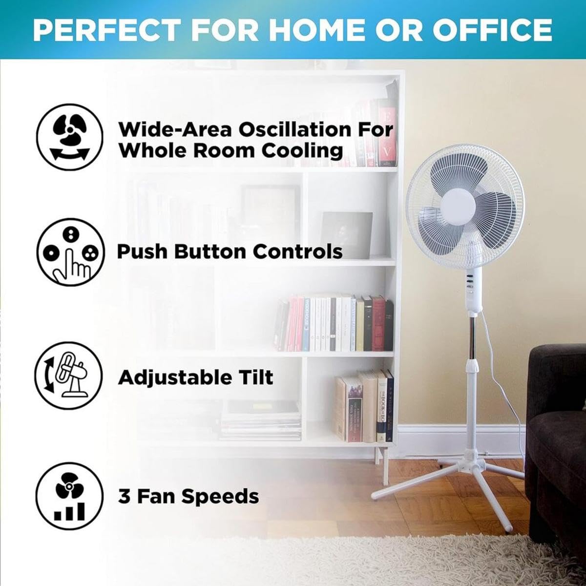 Ez Chill 16    Oscillating Pedestal Fan, 3 Speed Options, 90 Degree Oscillating Head, Adjustable Height And Tilt, Powerful Air F