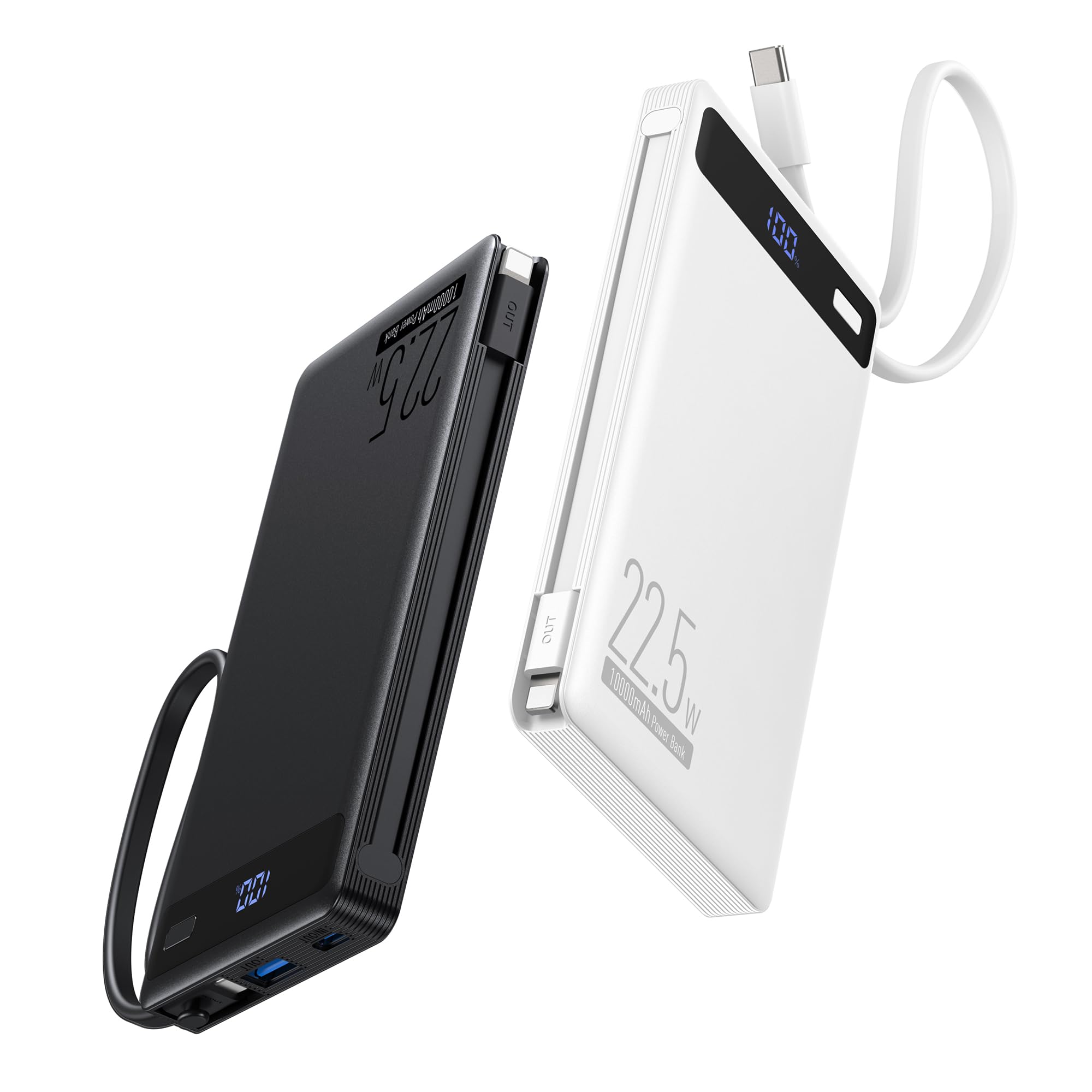 2Pack10000mAh 22.5W Portable Charger Power Bank,Builtin Cables,WH&BLK