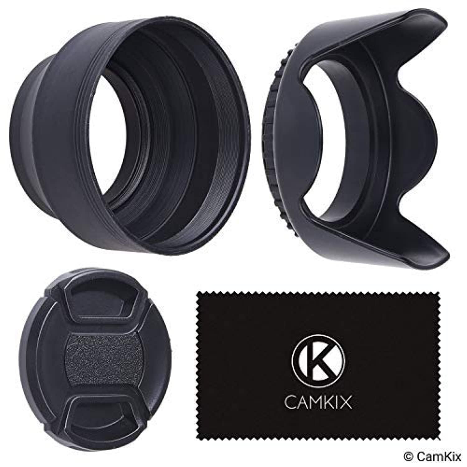 55mm Set of 2 Camera Lens Hoods and 1 Lens Cap - Rubber (Collapsible) + Tulip Flower - Sun Shade/Shield - Reduces Lens Flare and