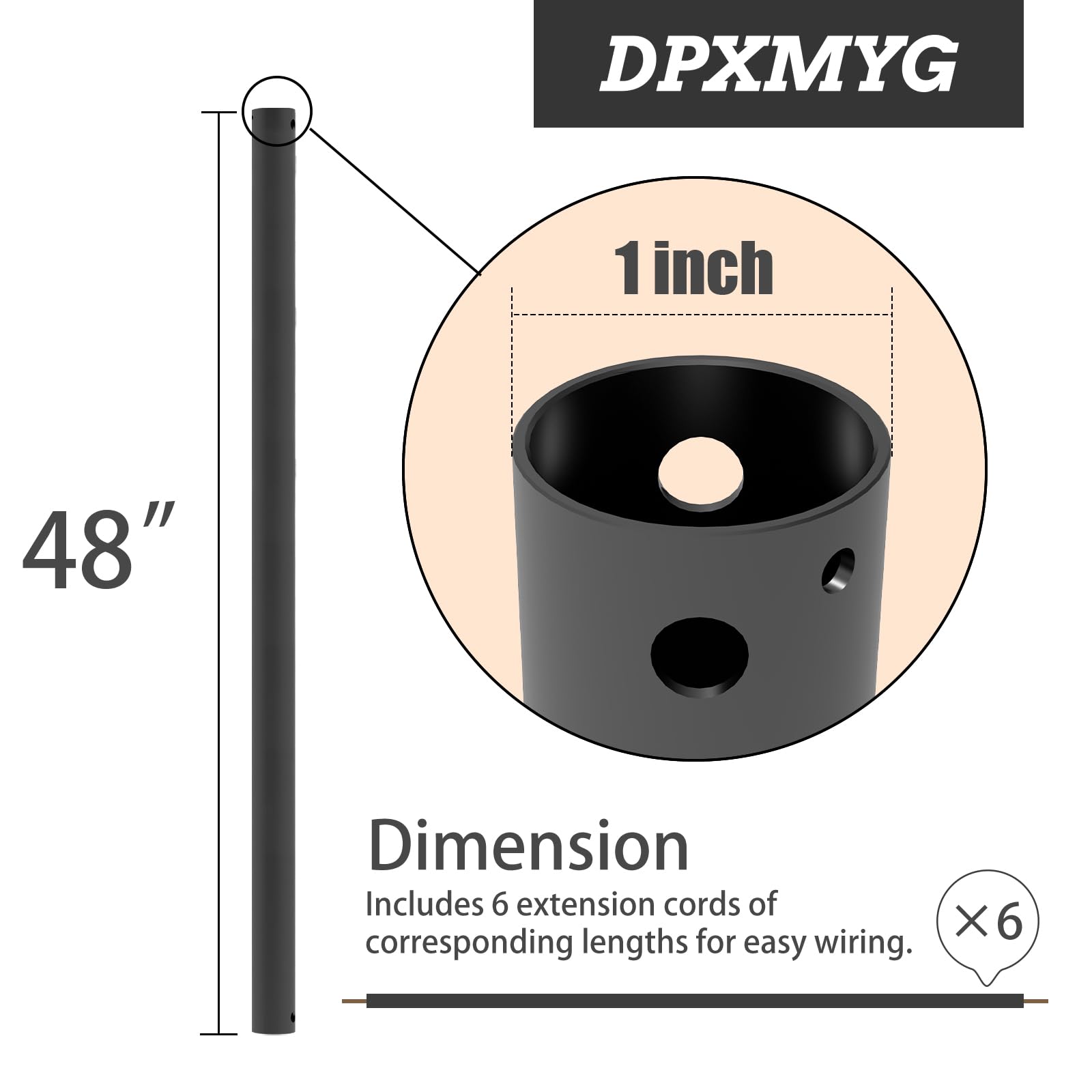 Dpxmyg 48 Inch Ceiling Fan Downrod With Extension Cord, 4 Ft Black Downrod For Ceiling Fan, 1 Inch Outside Diameter, Ceiling Fan