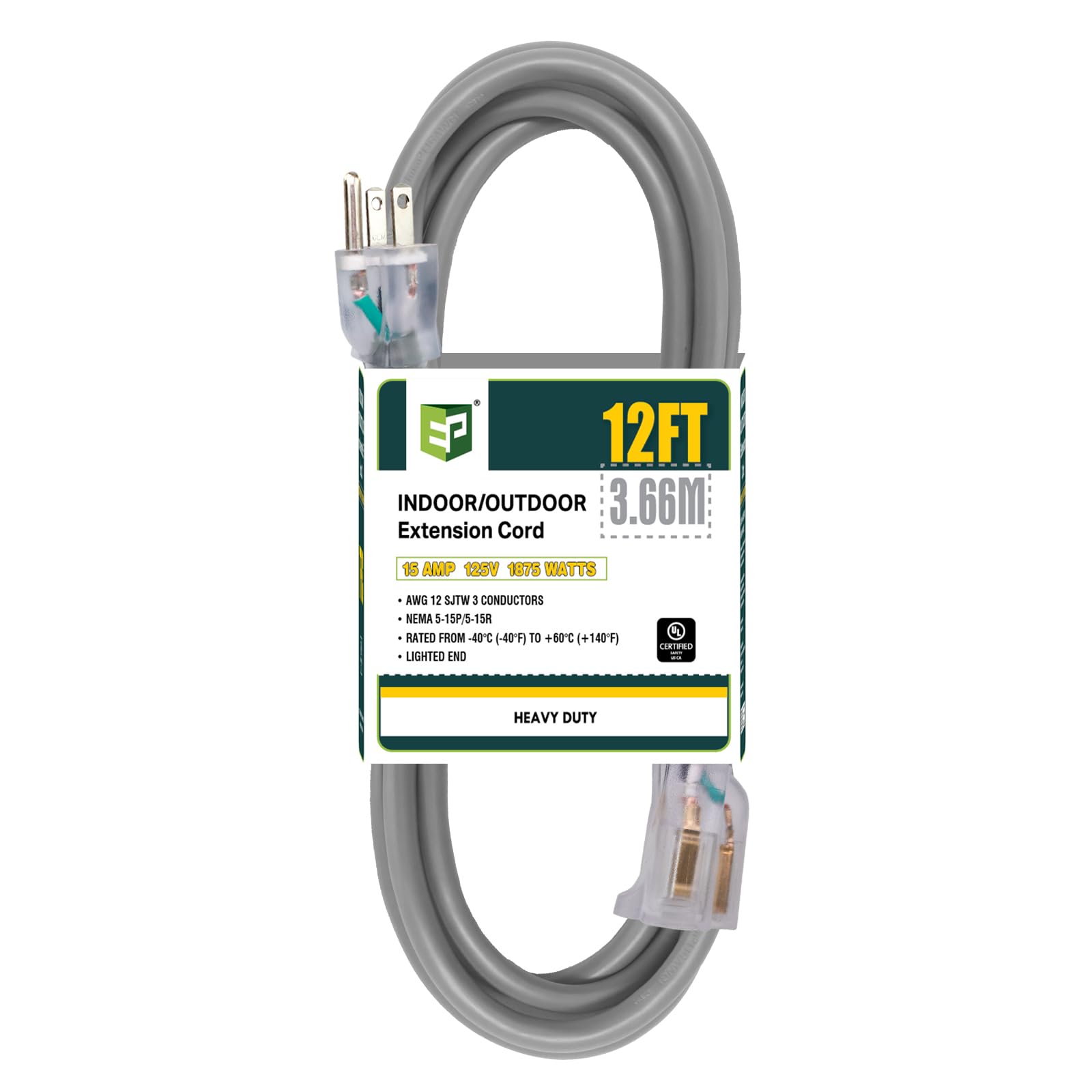 Ep 12 Ft Lighted Outdoor Extension Cord   12/3 Sjtw Heavy Duty Grey Extension Cable With 3 Prong Grounded Plug   Power Cord For