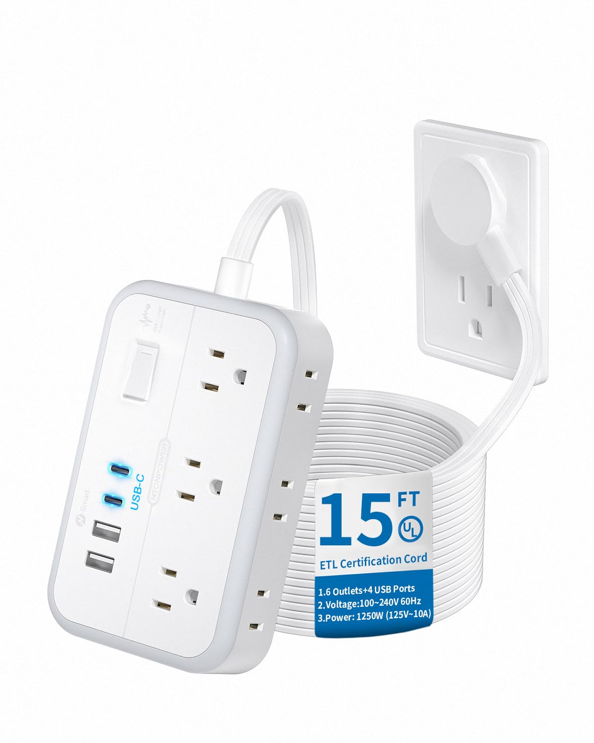 Flat Extension Cord 15 Ft, Ntonpower Surge Protector Power Strip With 6 Widely Outlets 4 Usb Ports(2 Usb C), Flat Plug, Wall Mou