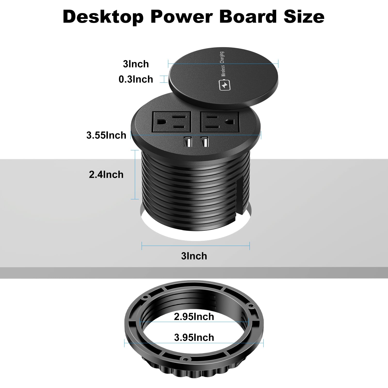 3 Inch Desk Hole Recessed Power Grommet With 15W Wireless Charger Cover, 2 Usb A Countertop Grommet Mount Power Outlet, With Ac