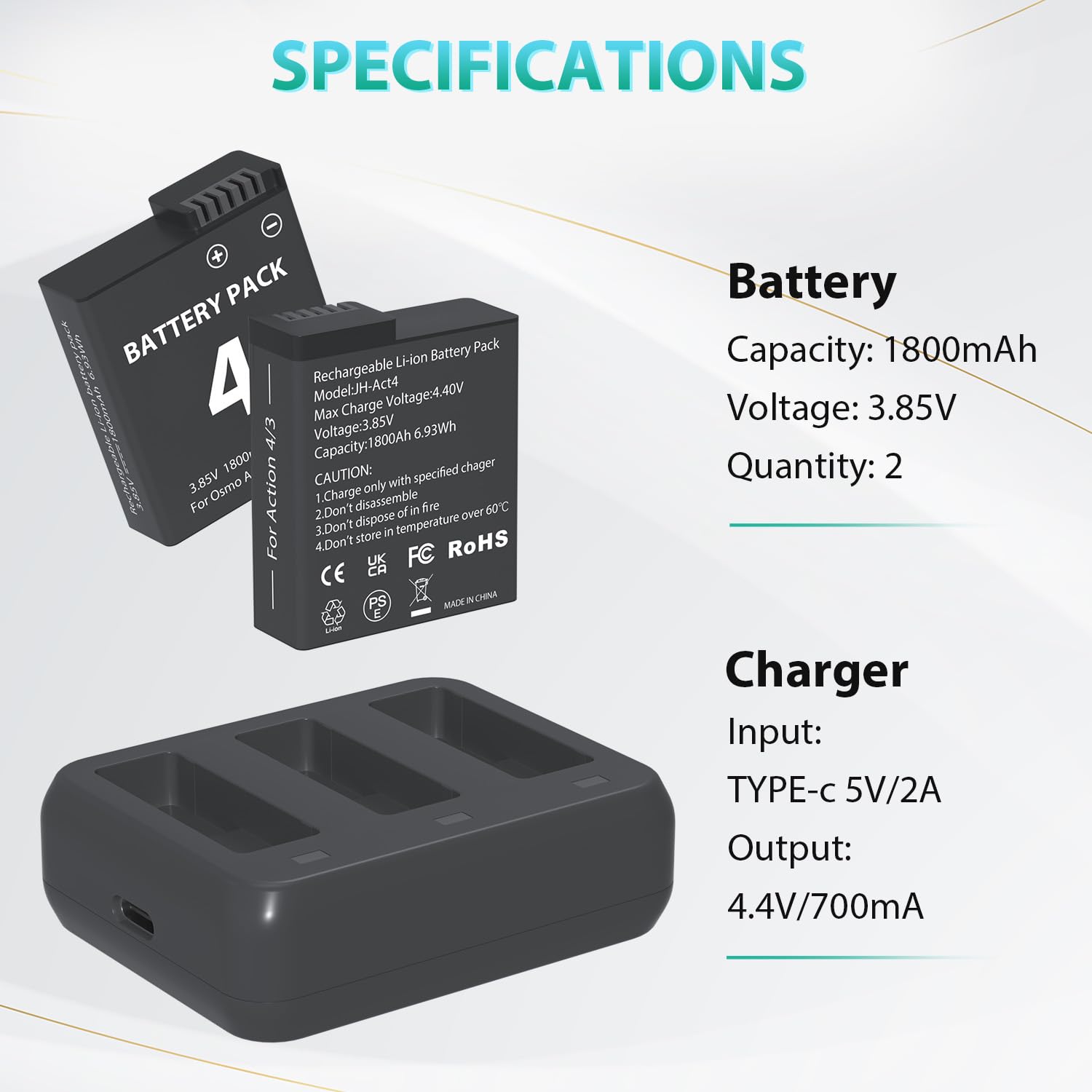 Lp Battery Charger Pack Compatible With Dji Osmo Action 3/4, 2 Pack1800Mah Dji Osmo Action 4 Camera Batteries, 3 Channel Usb Cha
