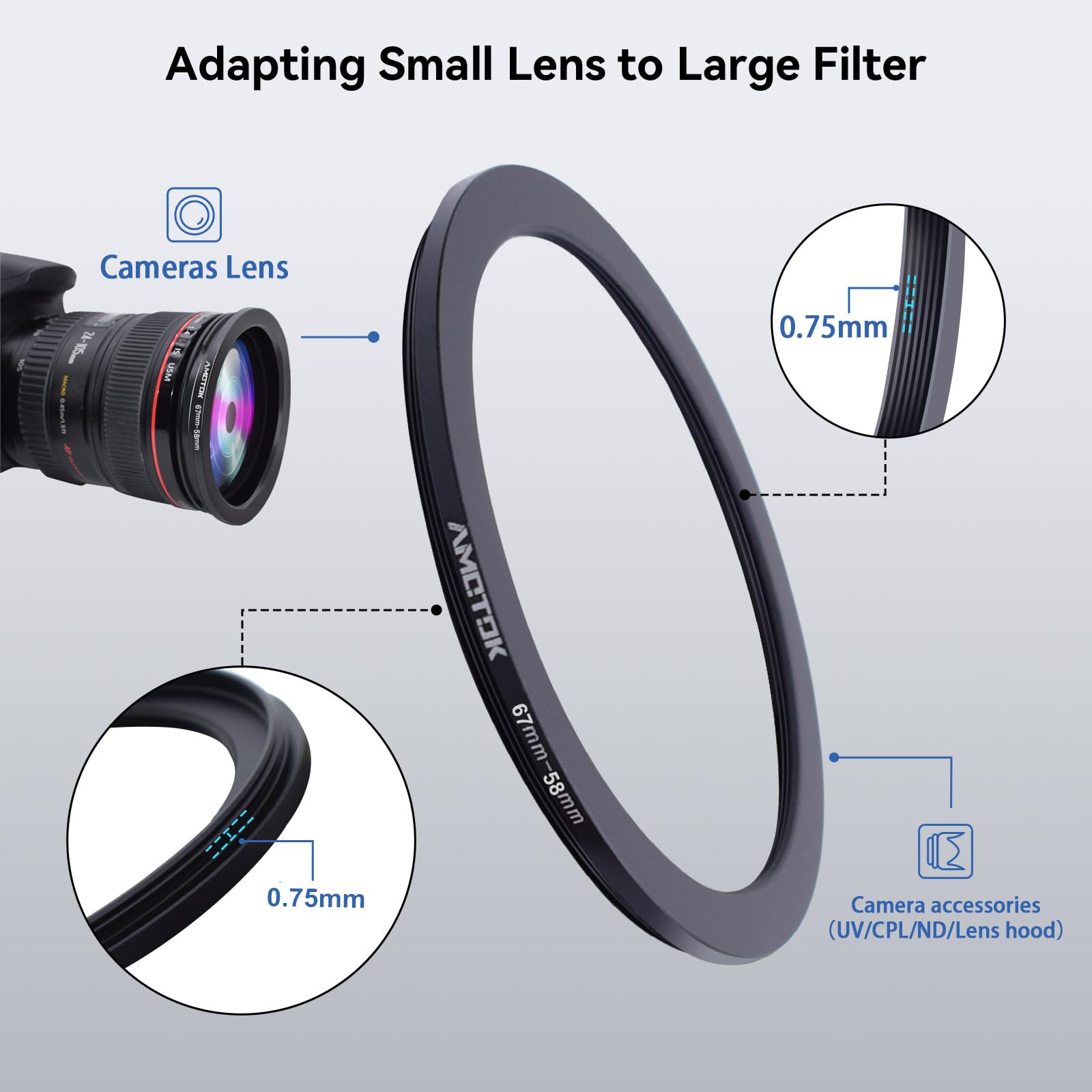 67Mm Lens To 58Mm Camera Lens Adapter,67Mm 58Mm Filter Step Down Ring,Compatible All 58Mm Filter Accessory.Made From Cnc Machine