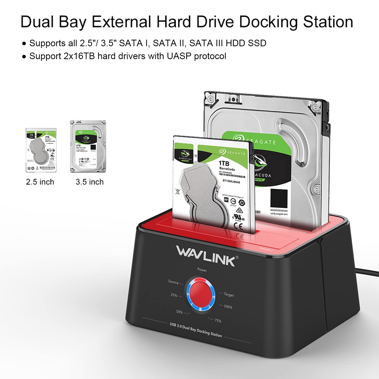 Wavlink Usb 3.0 To Sata I/Ii/Iii Dual Bay External Hard Drive Enclosure Docking Station, Caddy Reader For 2.5/3.5 Inch Sata Hdd Ssd, 2X16Tb And Uasp Offline Cloner, Disk Duplicator Function  Red