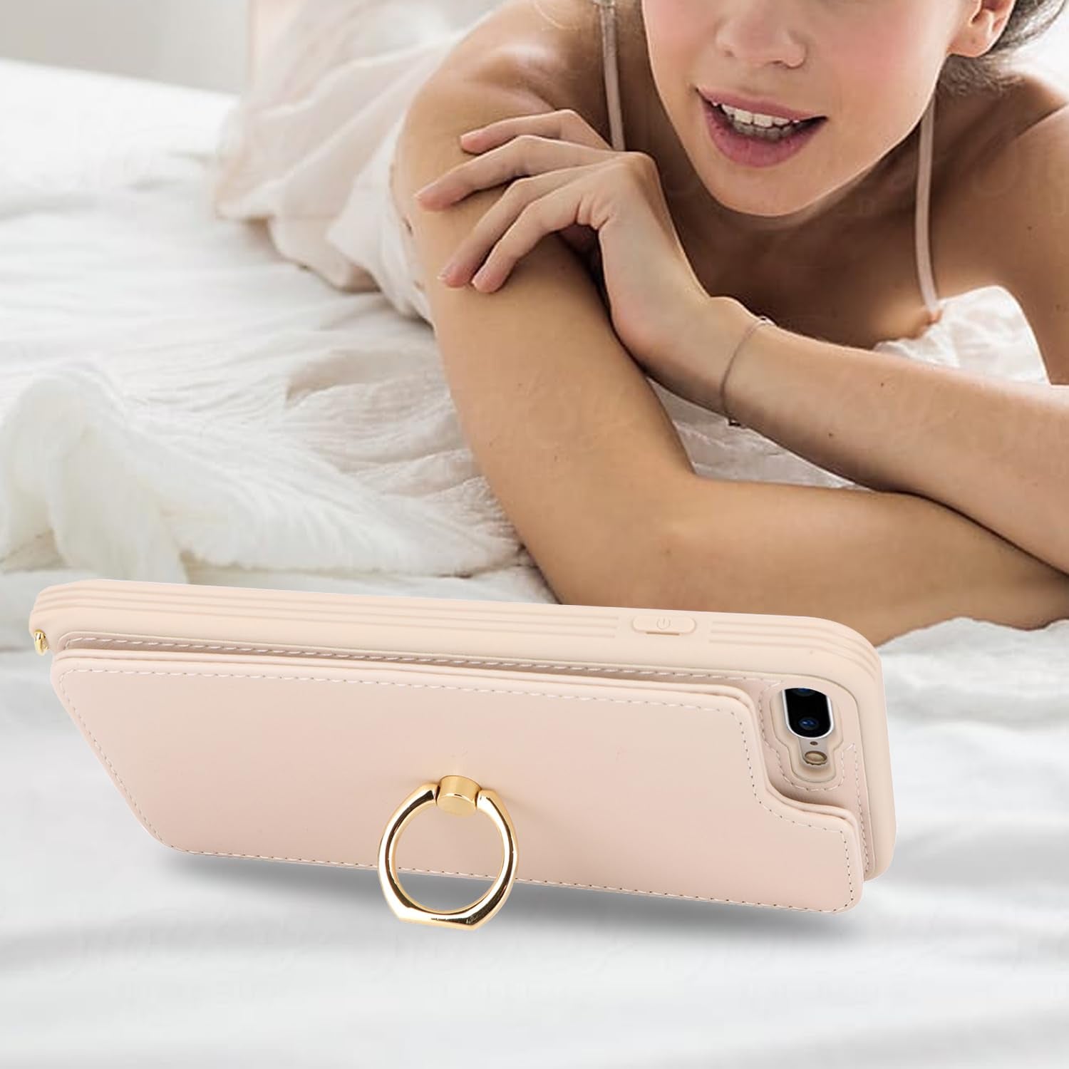 Lipvina For Iphone 7 Plus / 8 Plus Phone Case With Card Holder And Strap For Women,Crossbody Lanyard,Kickstand Ring Stand,Snap C