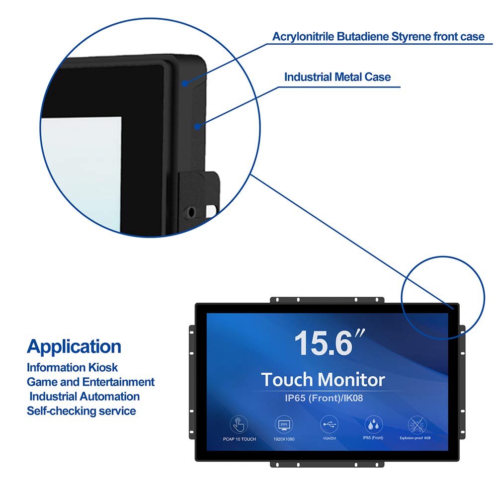 Greentouch 15.6 Inch 10 Points Open Frame Touch Display, Industrial Pcap Touchscreen Monitor, Vga+Hdmi+Dvi Port   16:9