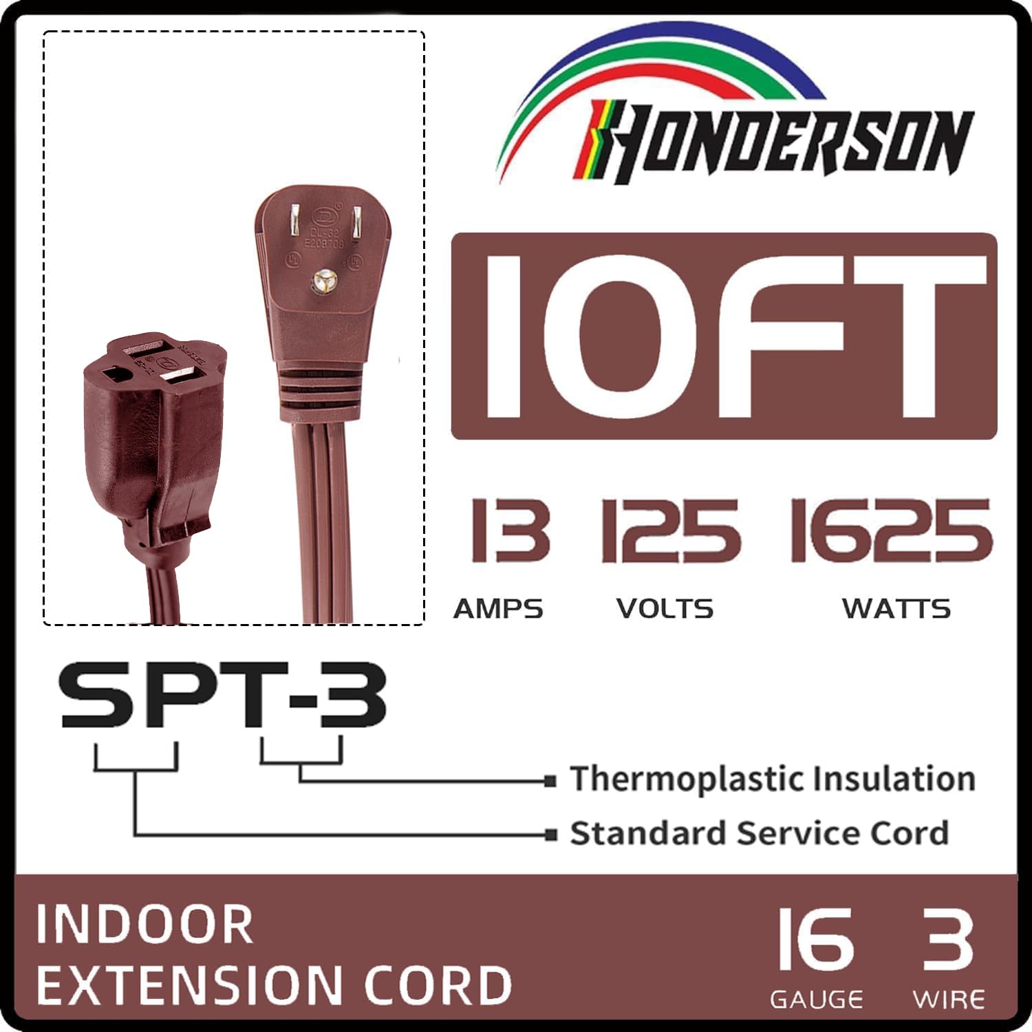 Honderson Flat Plug Extension Cord, Ul Listed, Indoor Extension Cord 16 Gauge 10Ft Brown, 16/3 Spt 3 13A 3 Prong Grounded Power