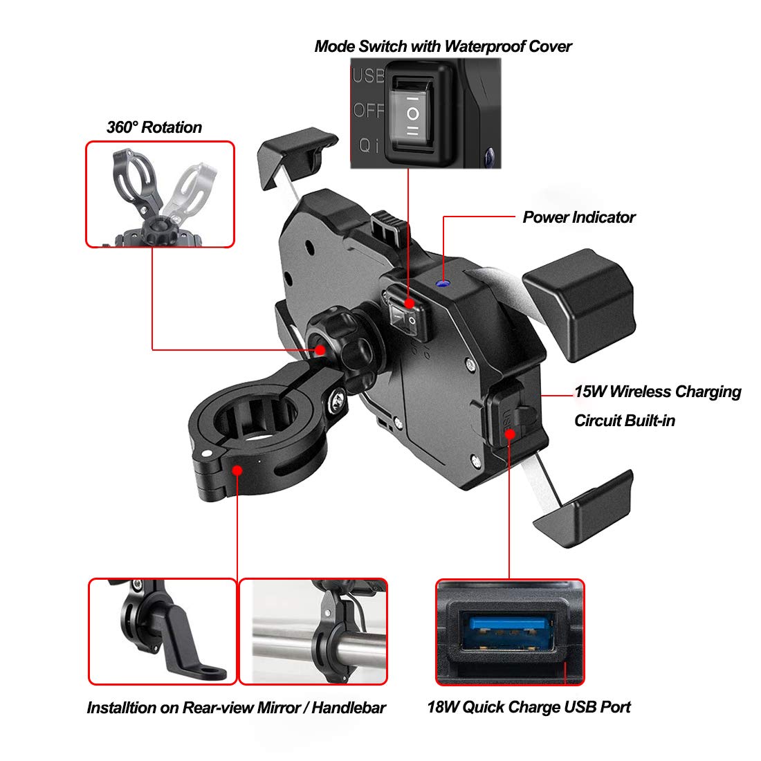 Imestou Motorcycle Phone Holder Wireless Charger And Usb 3.0 Quick Charge Phone Mount 2 In 1 Fits For 22 32Mm Handlebar Or Rear View Mirror, Suitable For 3.5' 6.8' Phones, Works With 12 24V Vehicles