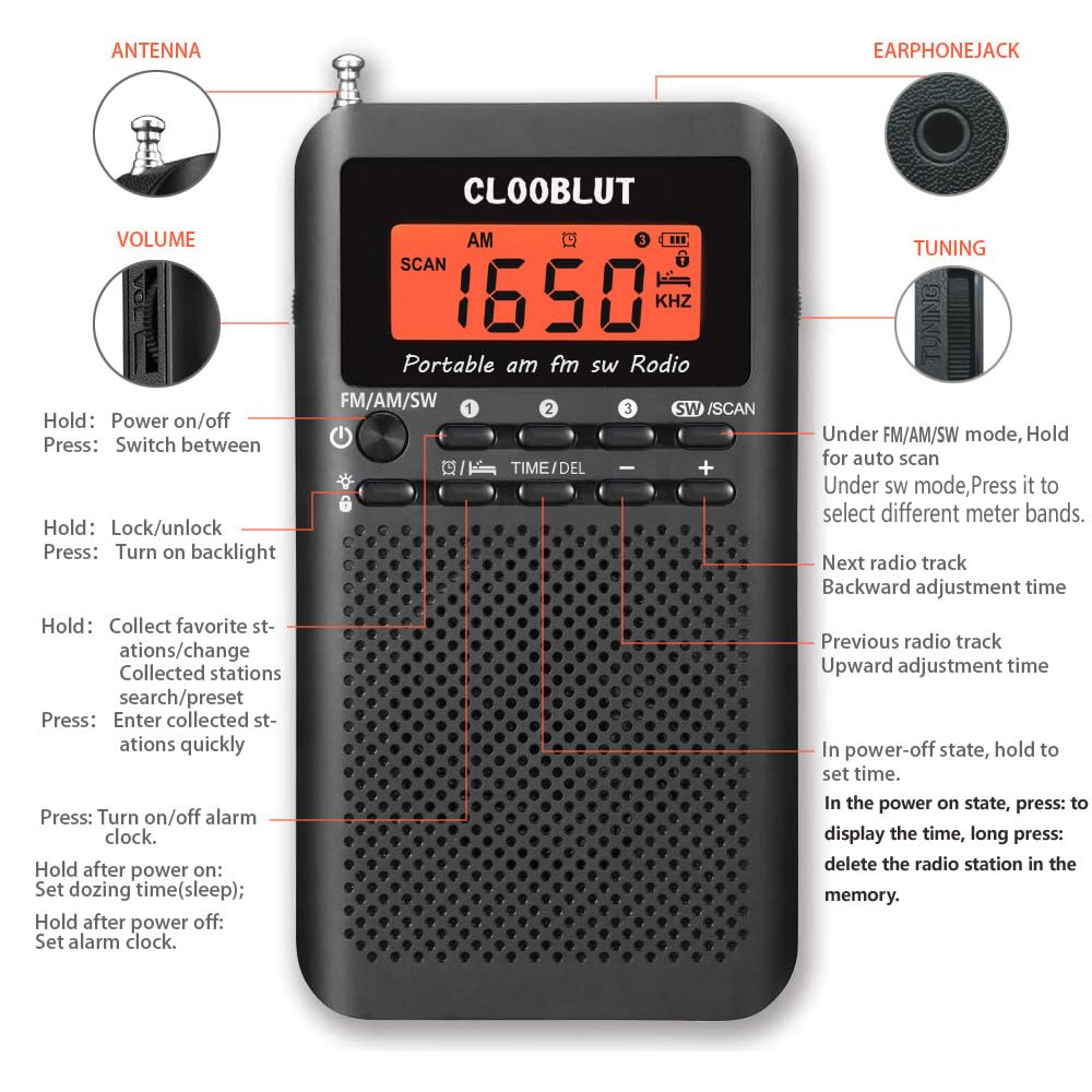 Rd218 Shortwave Radio Fm/Am/Sw Band Transistor Powered By Aa Batteries With Key Backlight Lcd Display Digital Alarm Clock Sleep
