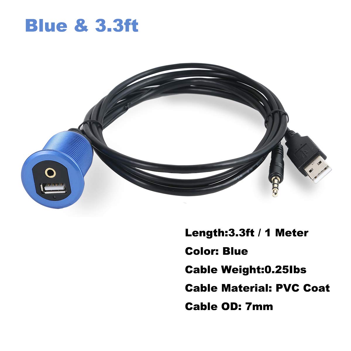 Kework Metal Usb 2.0 Port & 3.5Mm Jack Mount With Light, 3.3Ft Usb & 3.5Mm Male To Usb & 3.5Mm Female Flush Mount Panel Mount Extension Aux Cable For Car Truck Boat Motorcycle Dashboard (Blue & 3.3Ft)