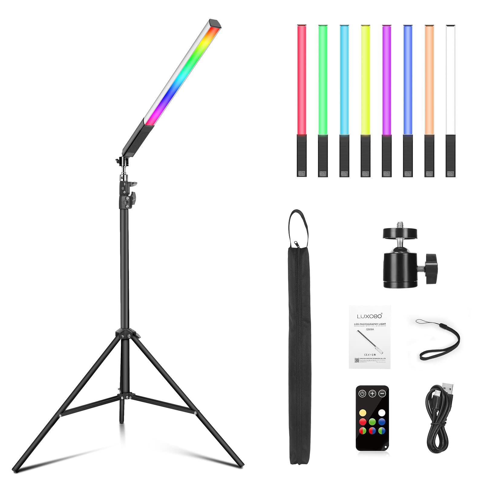 Rgb Led Video Light Wand, Luxceo Dimmable Led Photography Light Stick With 29'' To 81'' Light Stand & Ball Head, Photography Stu