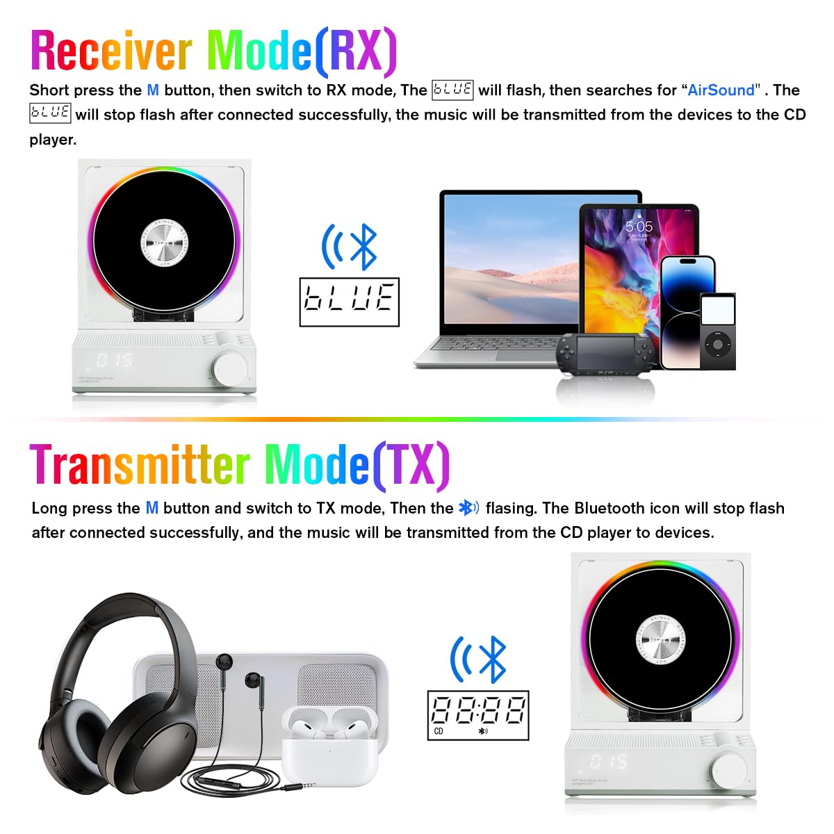 MANAYO Portable CD Player Bluetooth 5.3 with Speakers RGB Light Timer Optical Output White