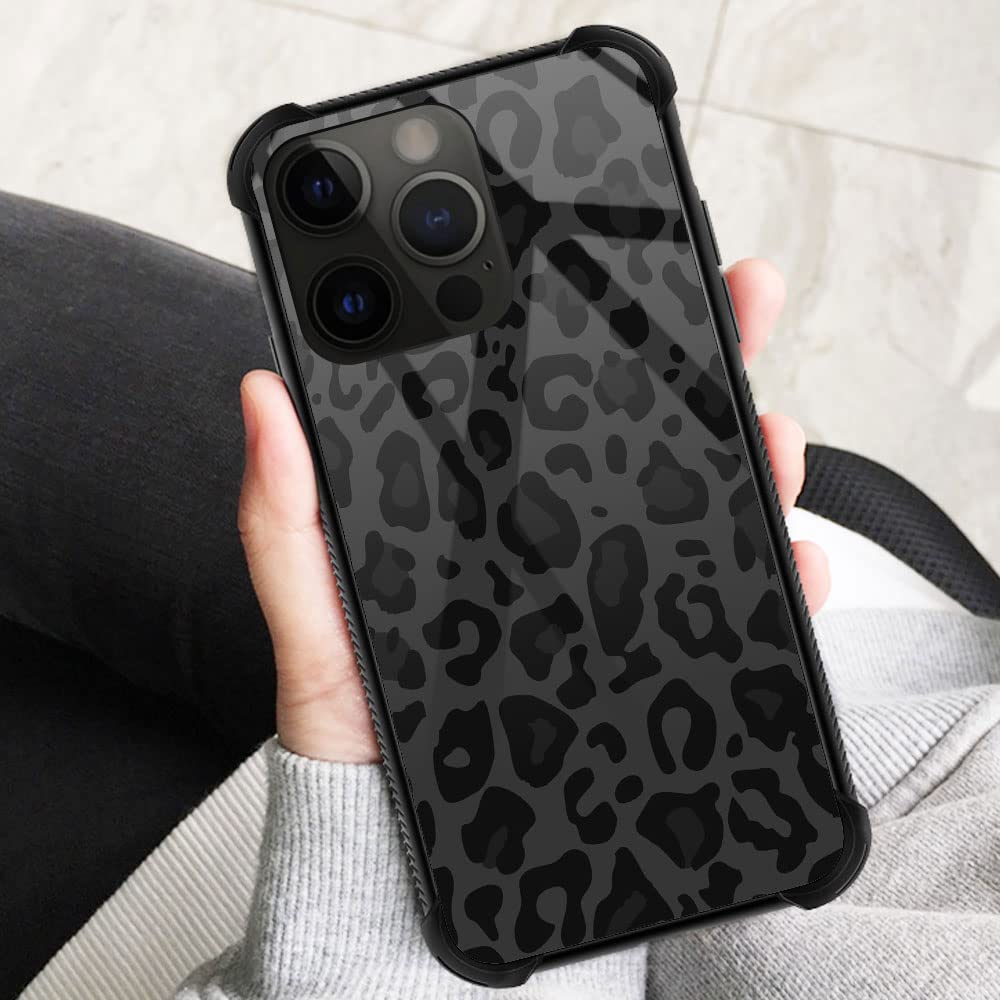 ZHEGAILIAN iPhone 14 Pro Case Black Grey Leopard Organic Glass Rubber Bumper 6.1 inch