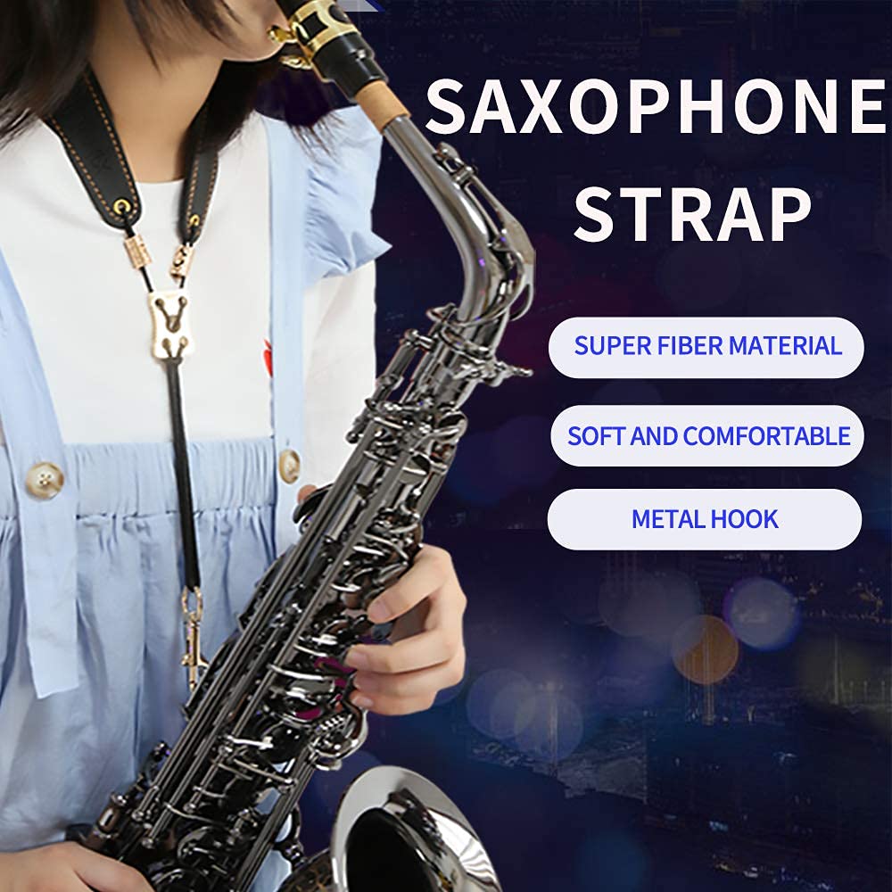Saxophone Sax Black Neck Strap For Baritone Alto Tenor Soprano Sax,Super Fiber,Metal Hook,Musical Instruments Accessories Parts
