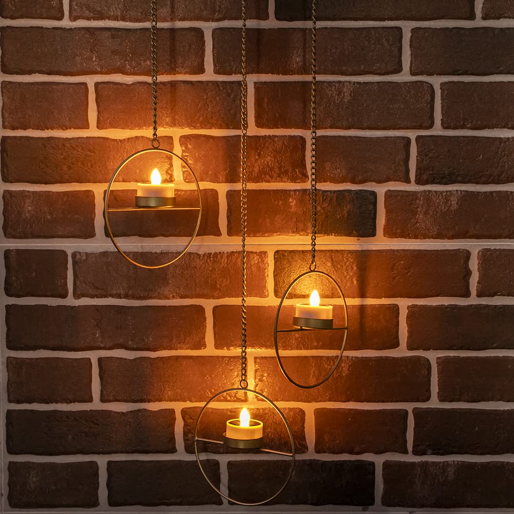 Solar Lanterns Outdoor Hanging Lights, Golden Metal Candle Holder with Solar Tea Lights Outdoor Waterproof, Solar Chandelier Ide