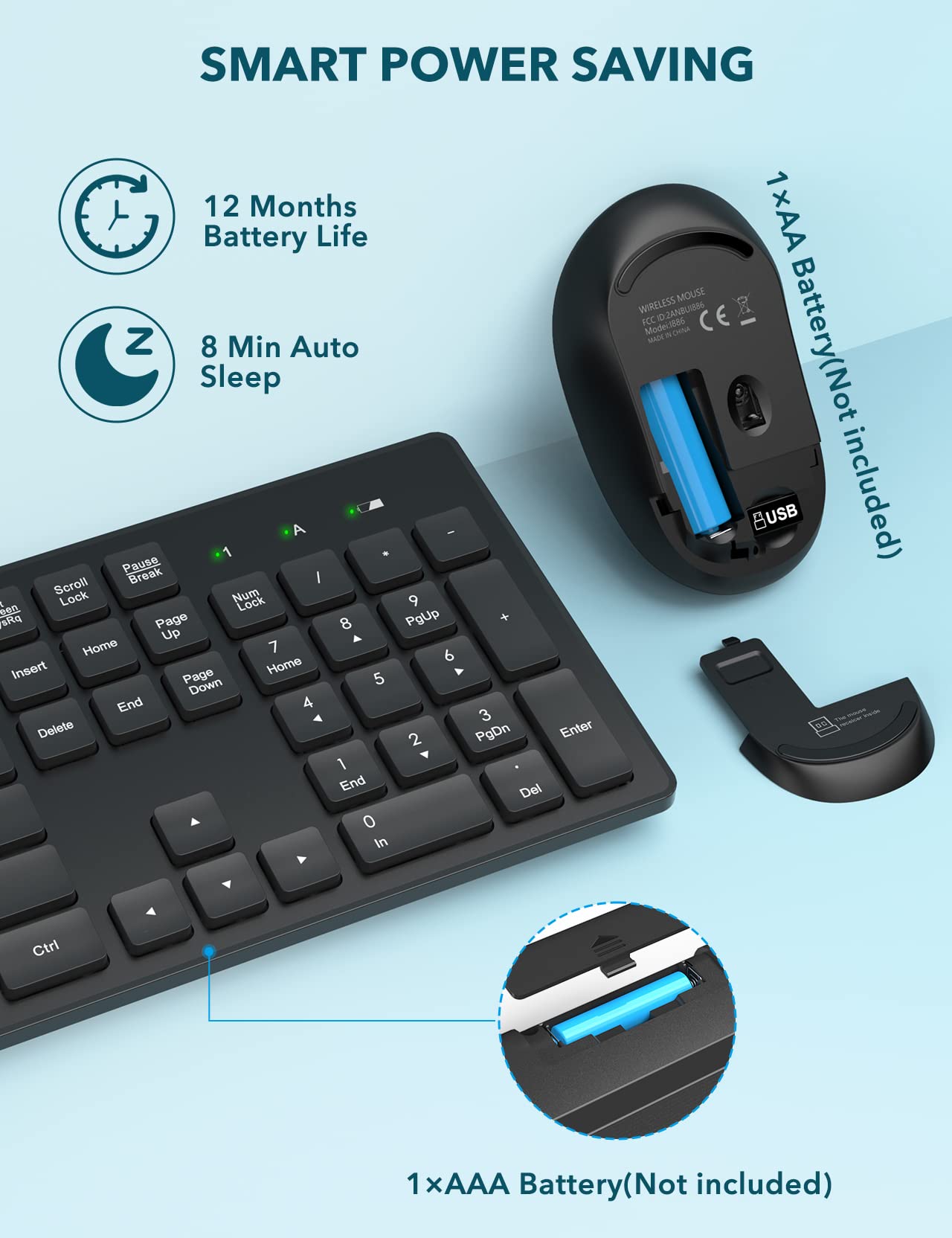 Wireless Keyboard And Mouse, Wisfox Usb Computer Keyboard With Silent Keys, Long Battery Life, 2.4Ghz Full Size Lag Free Cordles
