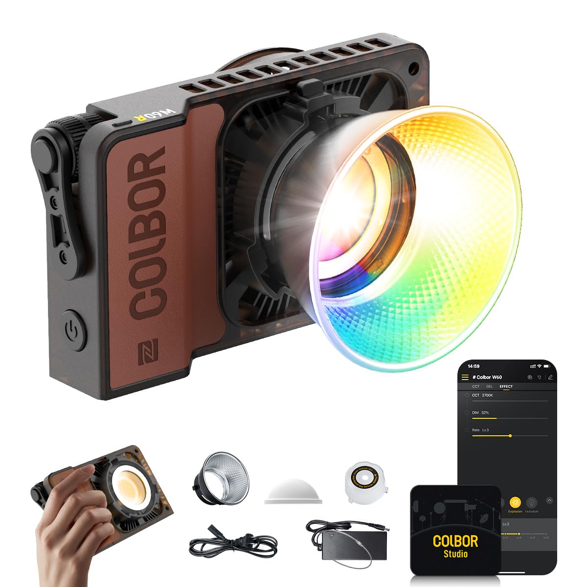 Video Light Rgb, Colbor W60R Rgb Cob Continuous Output Lighting 60W 2700 6500K Full Color Led Studio Light Cri97+ Tlci98+ With A