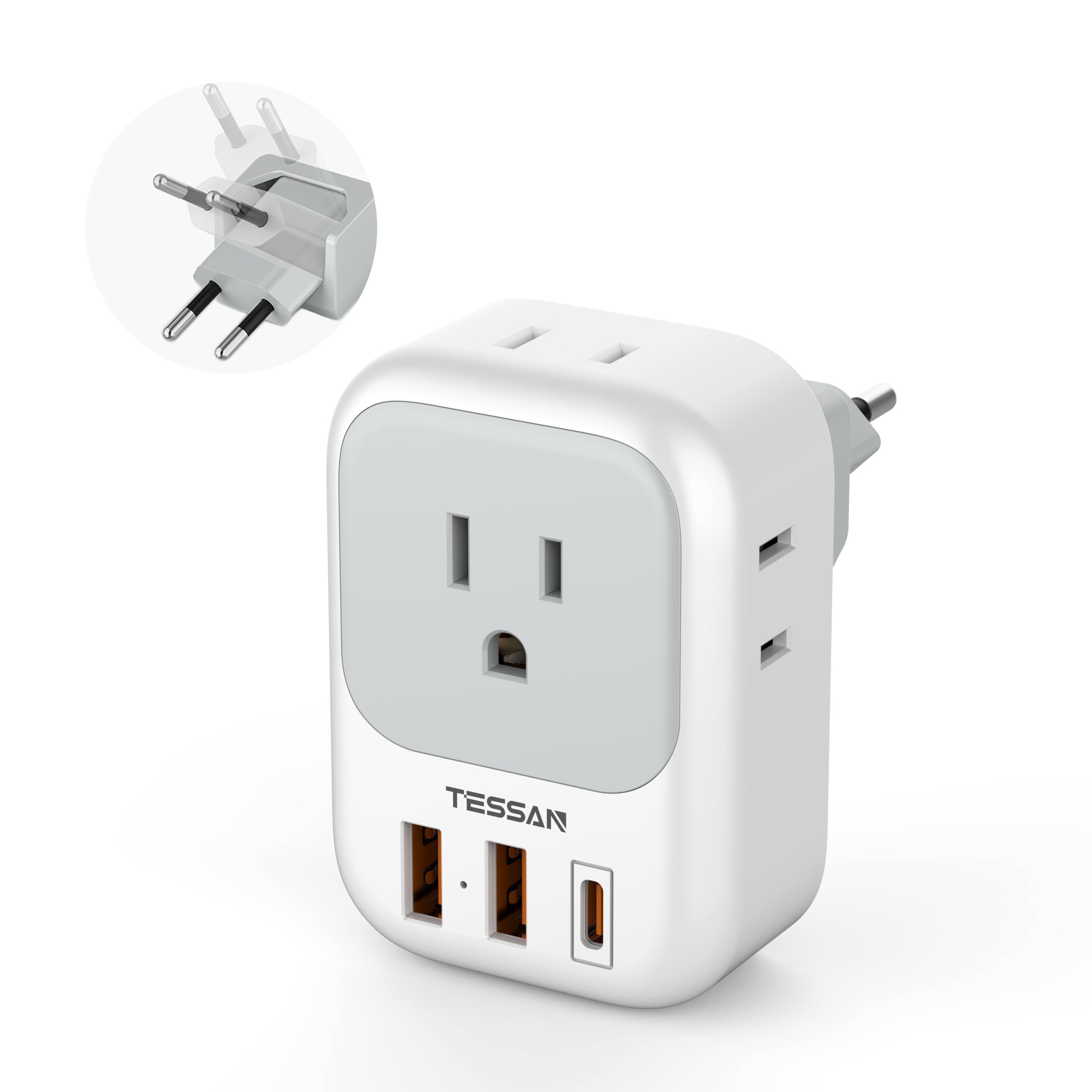 Tessan European Travel Plug Adapter Usb C, Europe Adapter With 4 Outlets And 3 Usb(1 Usb C Pd 20W), International Foldable Plug