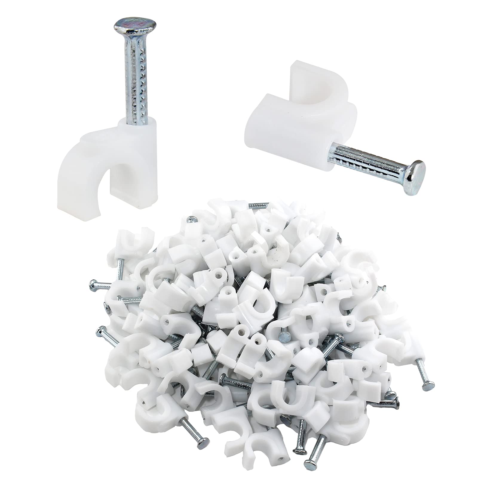 Bonsicoky 100Pcs Nail Cable Clips With Steel Nail, 6Mm White Cable Wire Management Clips For Ethernet Cable, Telephone Cable, Tv