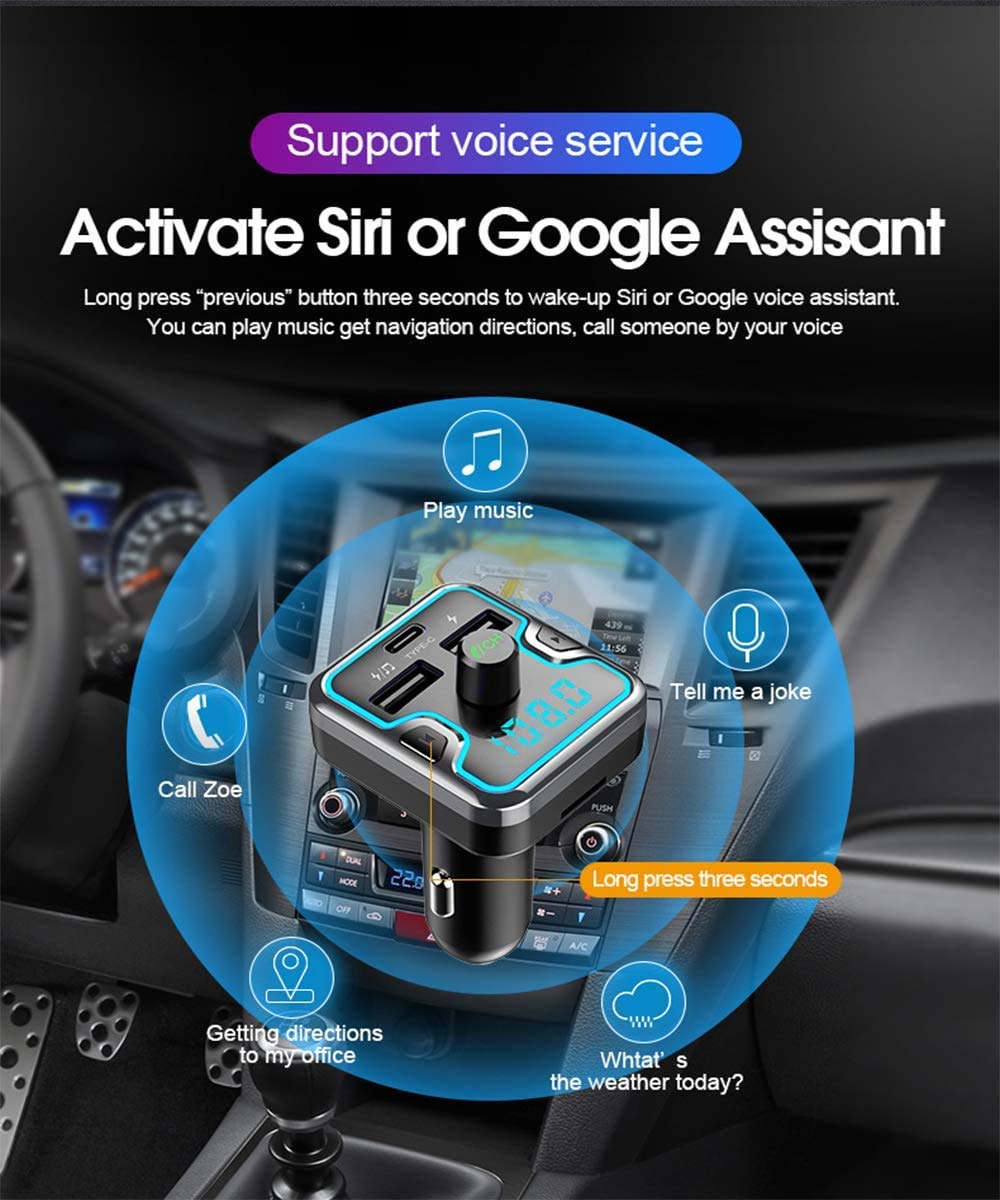 Car And Driver Bluetooth 5.0 Fm Transmitter For Car, Dual Usb And Type C Pd 18W Car Charger Wireless Car Adapter Receiver Siri Google Alexa Assistant