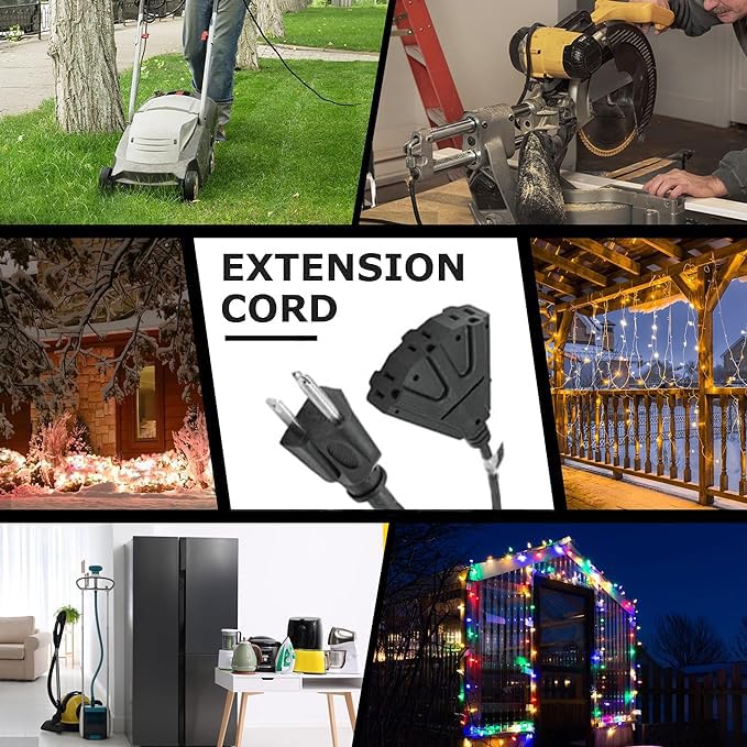 Yojoe 3 Outlets 12 Ft Black Indoor Outdoor Extension Cord, 15A Weatherproof Power Cord With 3 Prong Grounded Plug, 10 Gauge Heav