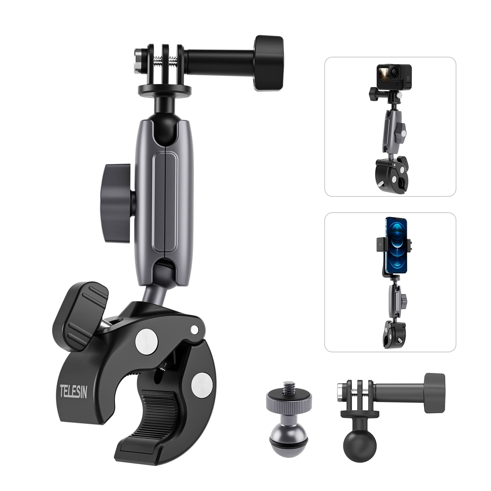 Camera Clamp Mount Bike Motorcycle Handlebar Holder, 360 Ball Joint Bicycle Cycling Tube Bar Attach For Gopro Max Hero 13 12 11 10 9 8 Insta360 X3 X4 Ace Pro Dji Action 3 4 5 Pro Pocket 3 Accessories