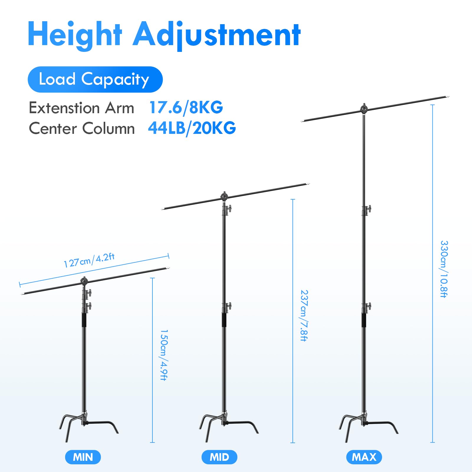 Emart Photography C Stand With Boom Arm, Black 10.8Ft/330Cm Adjustable Heavy Duty Light C Stand With 4.2Ft/128Cm Holding Arm, 2