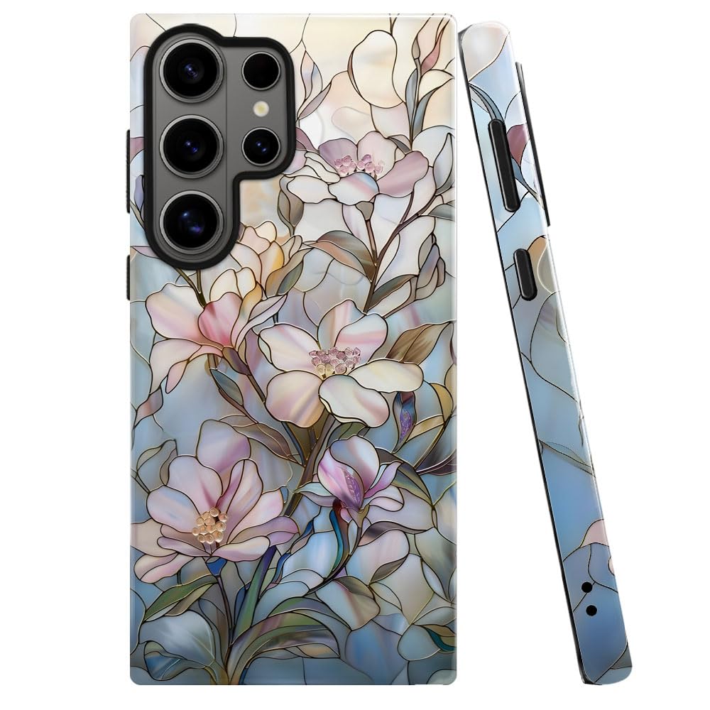 Case for Samsung Galaxy S26 Ultra,Stained Glass Floral Magnolia Pattern Phone Case Military-Grade Drop Protection Cover for Wome