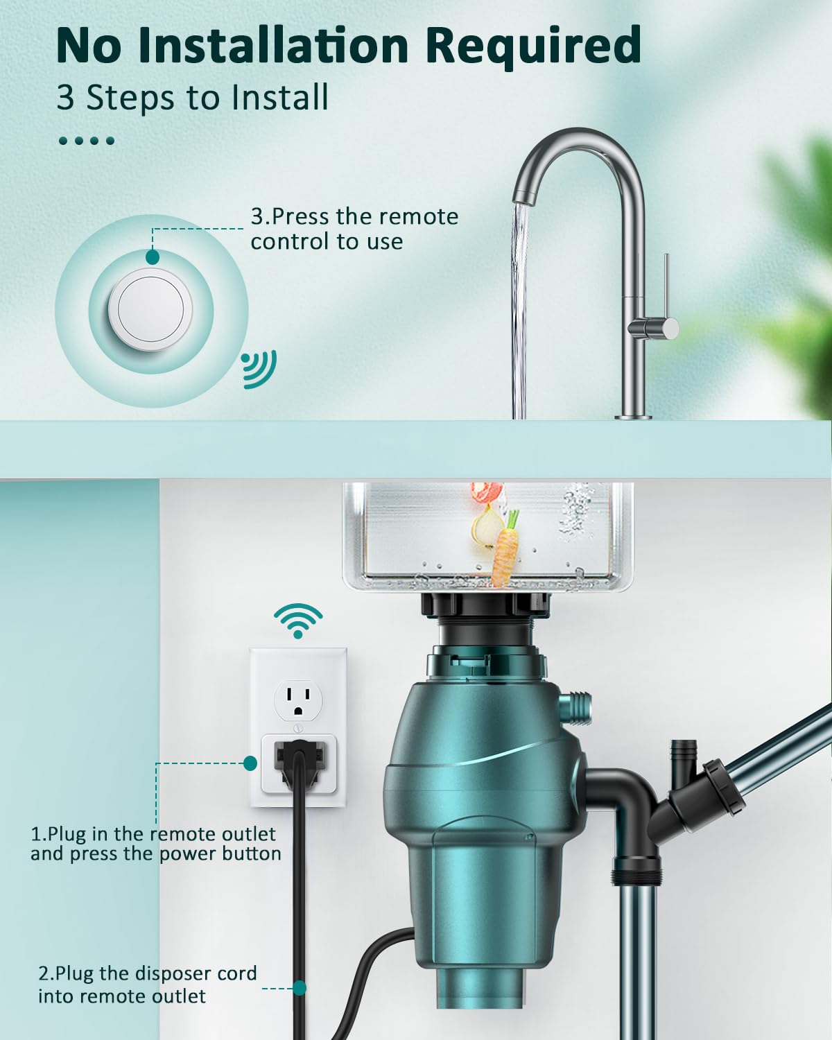 Hapythda Garbage Disposal Wireless Switch Kit, Remote Control Outlet, No Drilling On Sink Top, Air Switch Garbage Disposal, 15A/