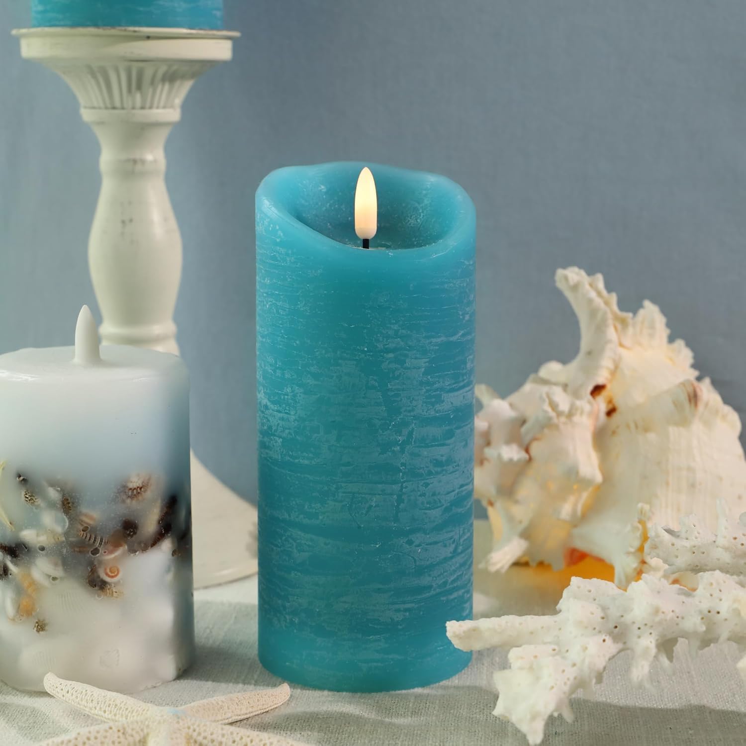 Ocean Blue Flameless Candles 3  6 Real Wax Pillar Candles Battery Operated with Remote & Timer, 3D Flickering Flame, Unscented D