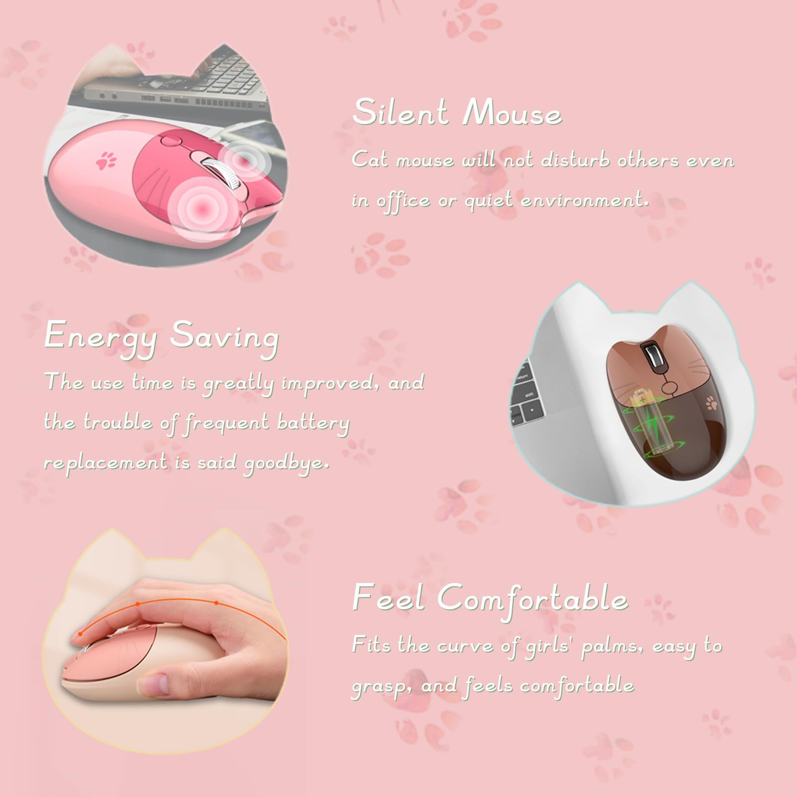Gugxiom Wireless Mouse, 2.4G Cute Mouse, Kawaii Mouse, Lightweight Soundless Mouse, Portable 3 Levels Dpi Mouse, With Usb Receiv
