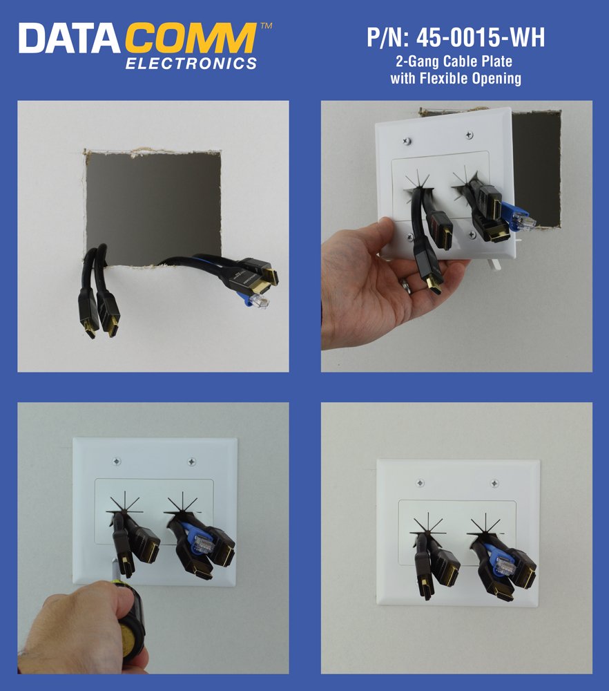 Datacomm Electronics 45 0015 Wh 2 Gang Cable Plate With Flexible Opening   White