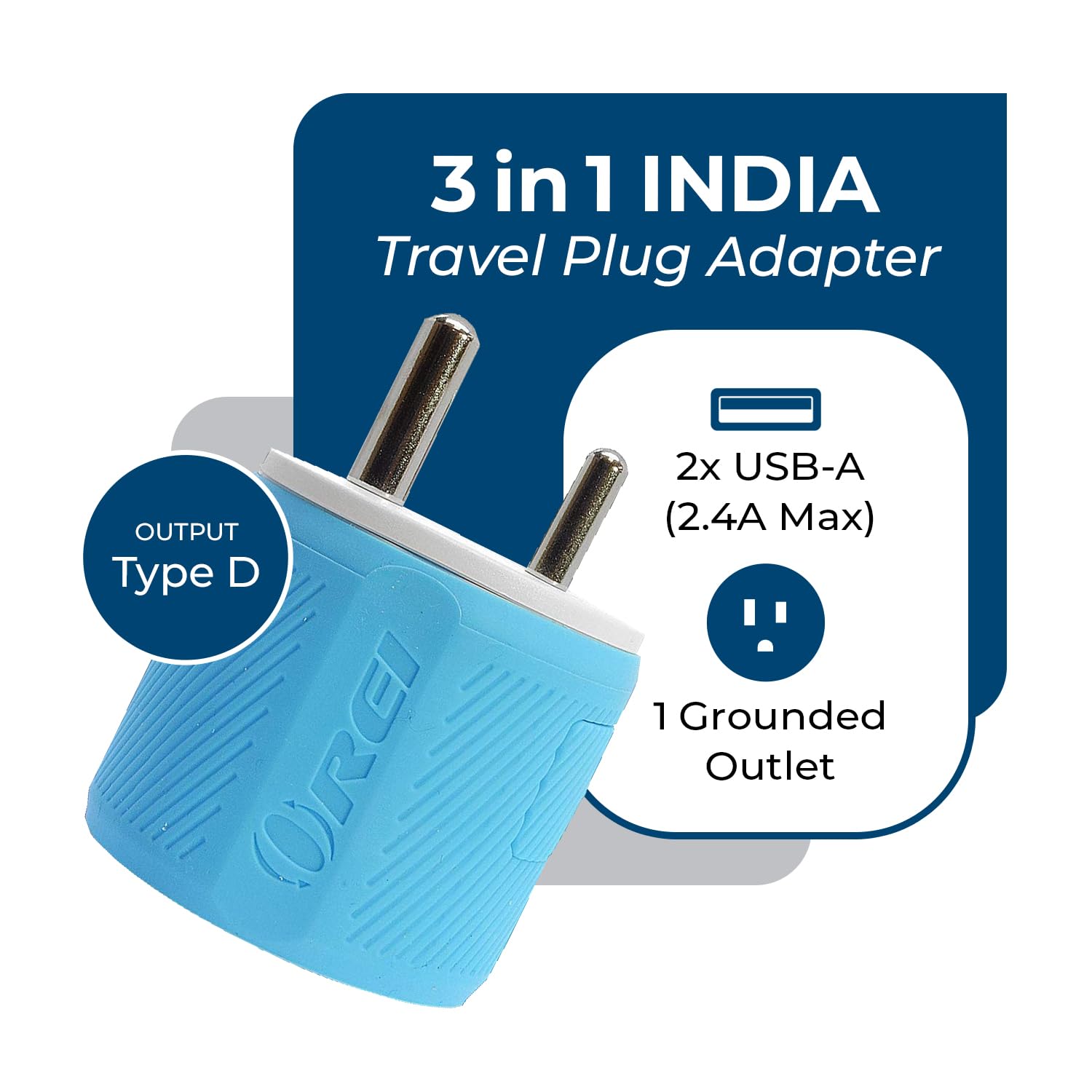 Orei 3 In 1 India Plug Adapter (Type D Travel Adapter) With 2 Usb Inputs And 1 Type B Input - Ce & Rohs Certification - Plug Ada