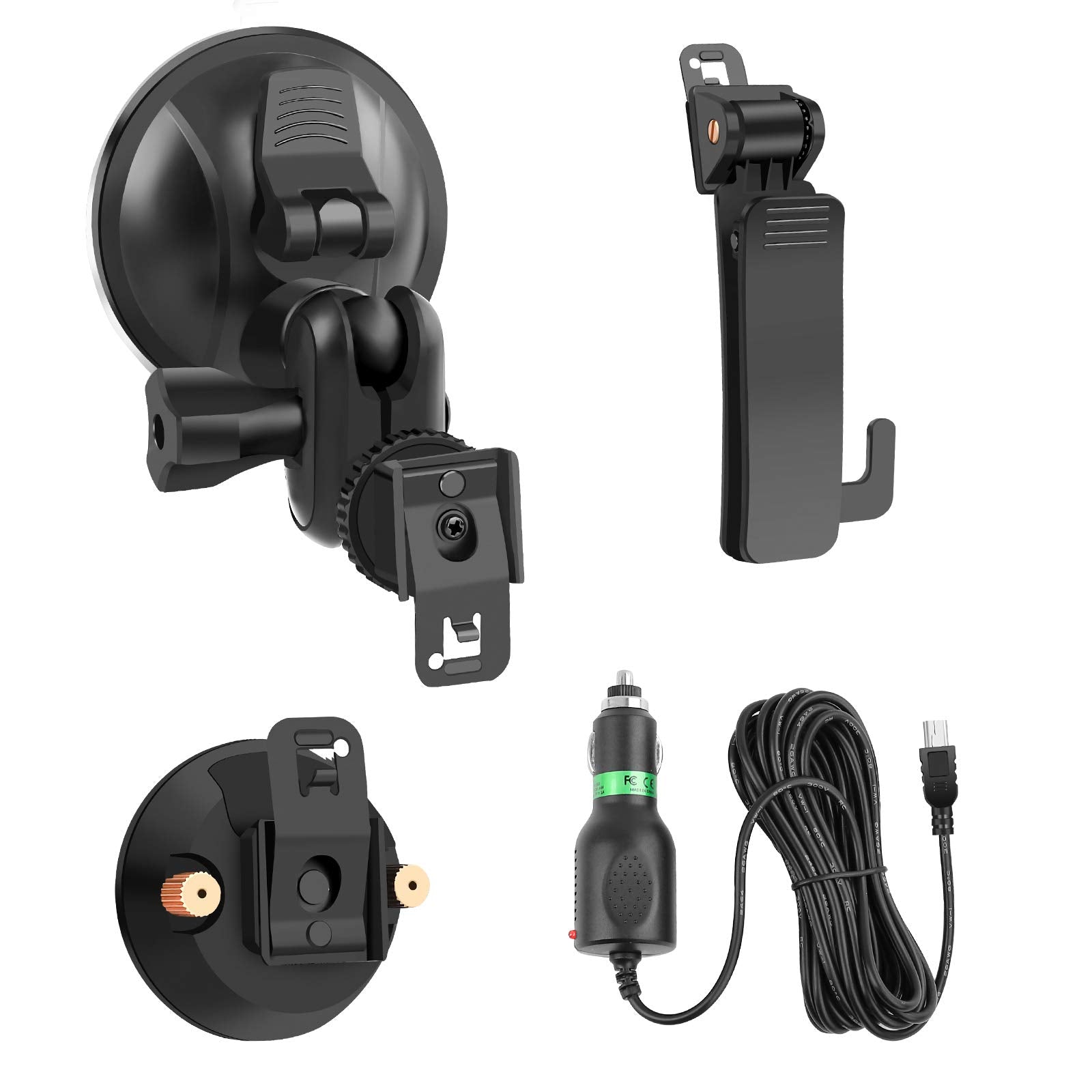 Cammpro Body Worn Camera Accessories Bundle Kit For Body Camera I826, Screw Clip+Car Charger+Suction Cup Mount+Shoulder Clip