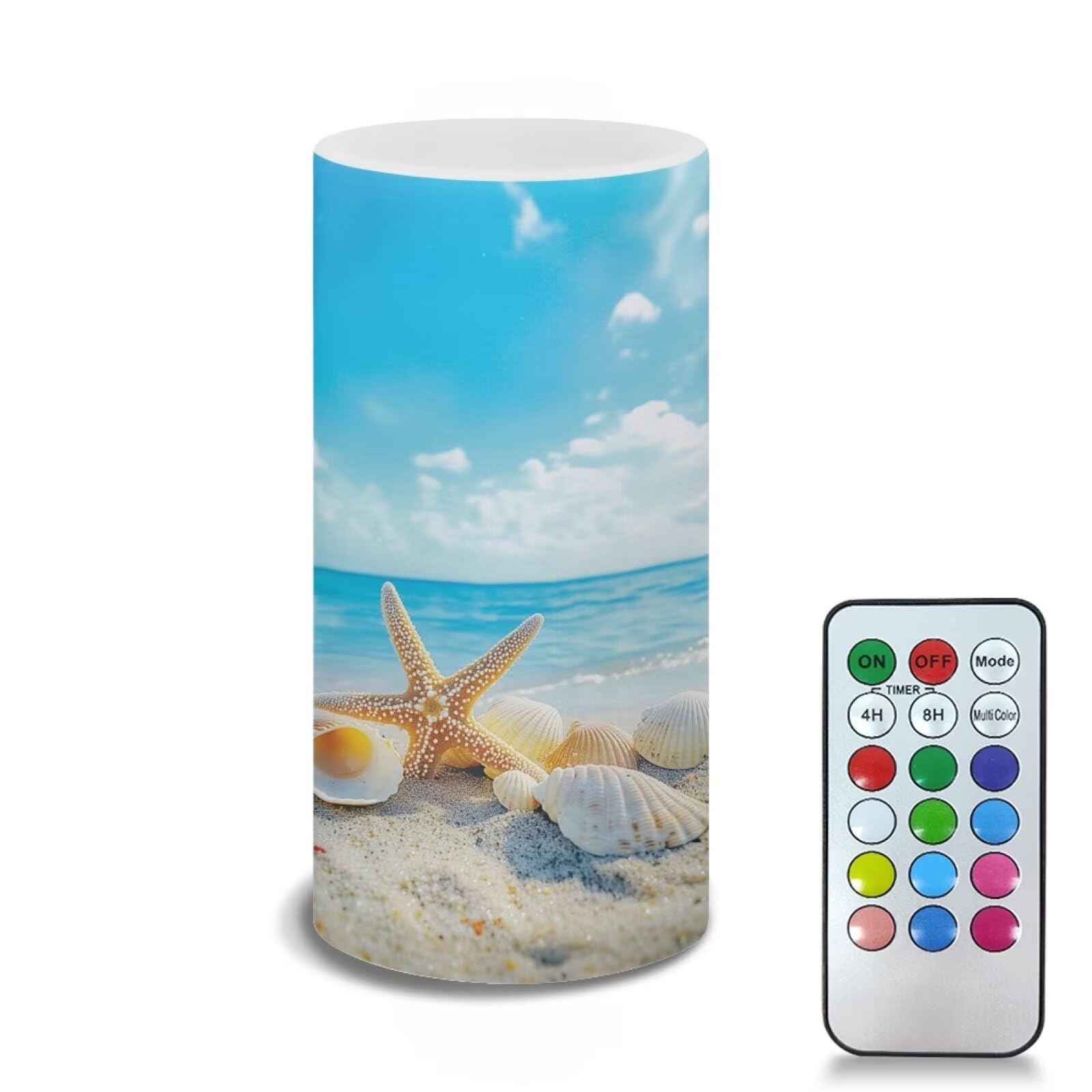 Poceacles Beach Starfish Seashell Blue Sky LED Flameless Candles Battery Operated Candles with Remote Control Timer Flickering W