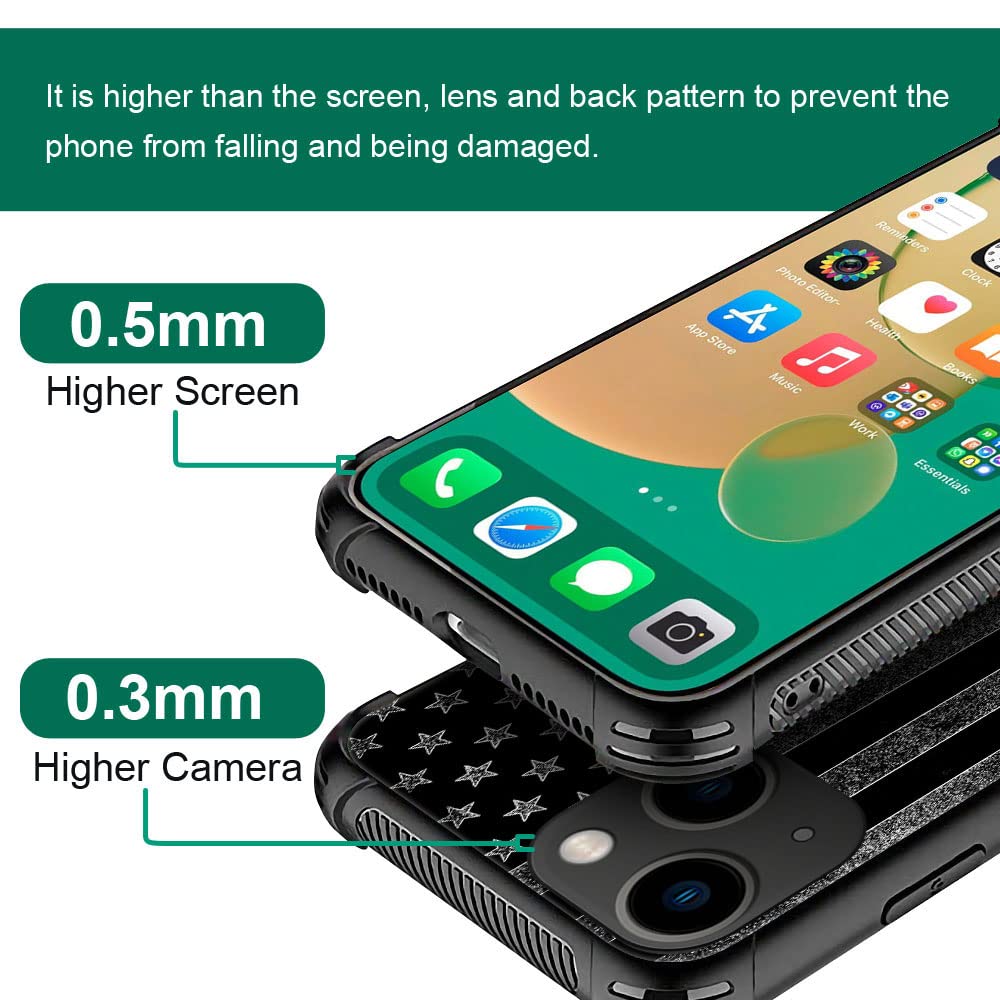 ZHEGAILIAN Phone Case Compatible iPhone 14 Plus Tempered Glass TPU Shock Protective Black White American Flag