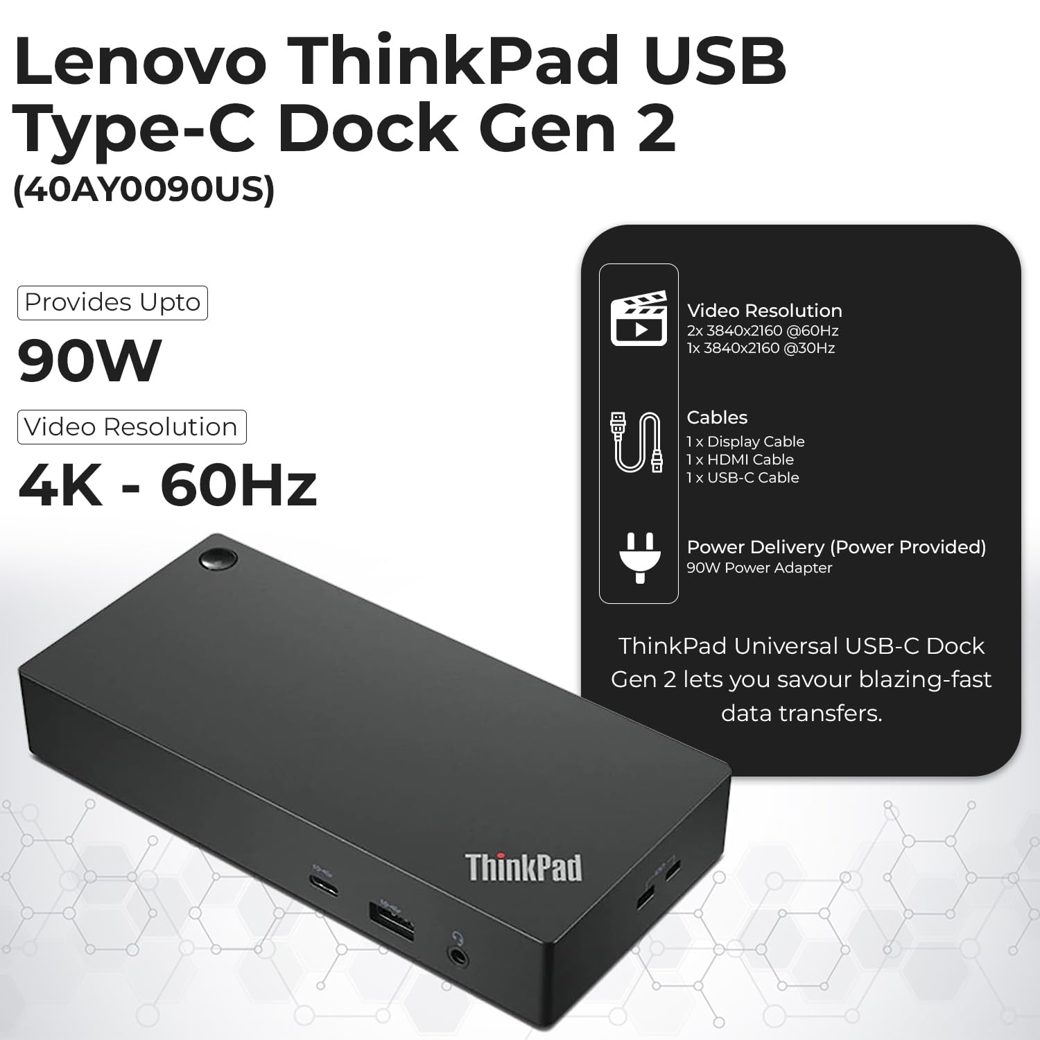 40Ay0090Us Lenovo Thinkpad Docking Station Dual Monitor Bundle - Lenovo Docking Station Usb C, Thinkpad Dock With Ac Adapter + H