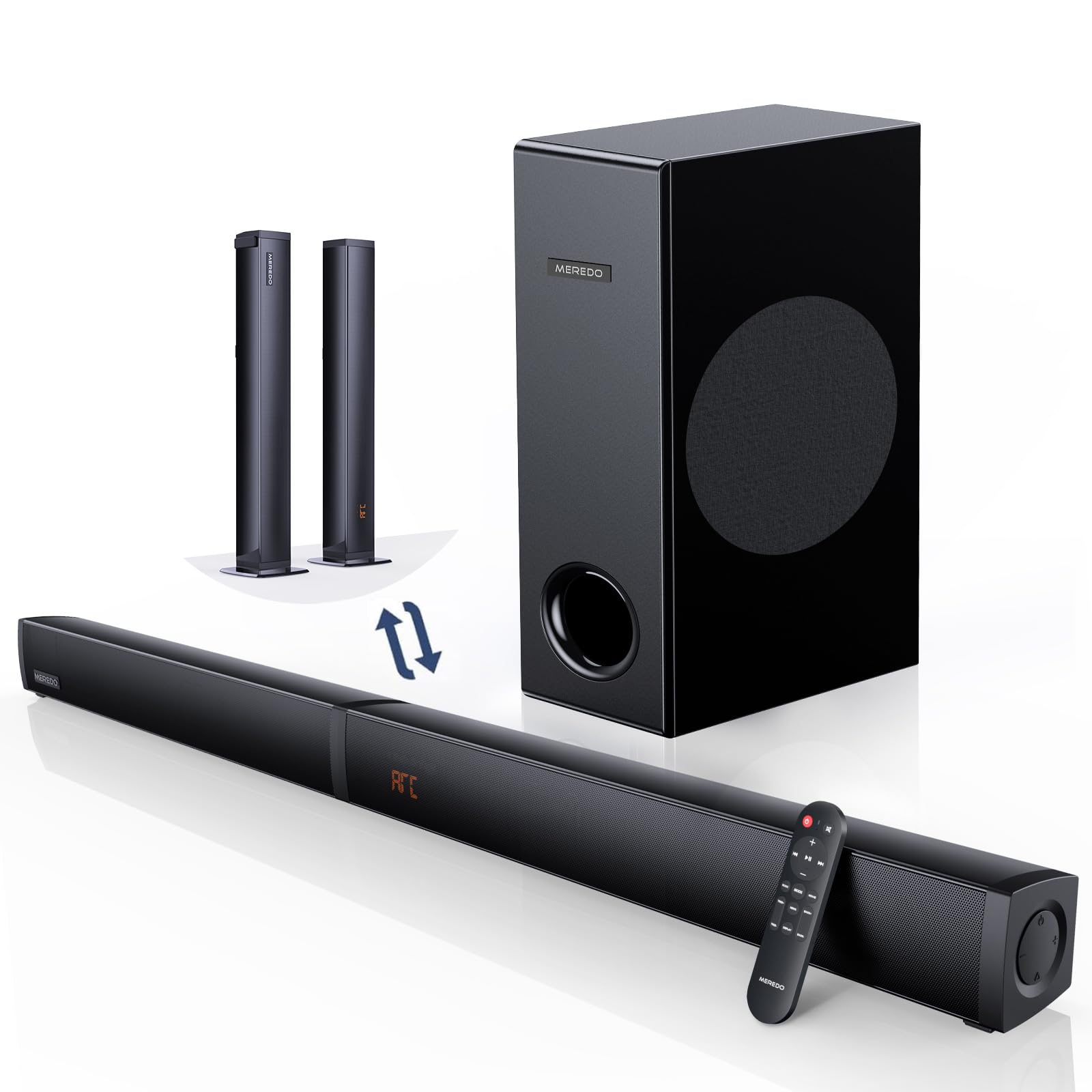 Meredo Sound Bar For Smart Tv With Subwoofer 180W Detachable 2 In 1 Soundbar For Tv Wireless 2.1Ch Treble & Bass Adjust Arc/Opti