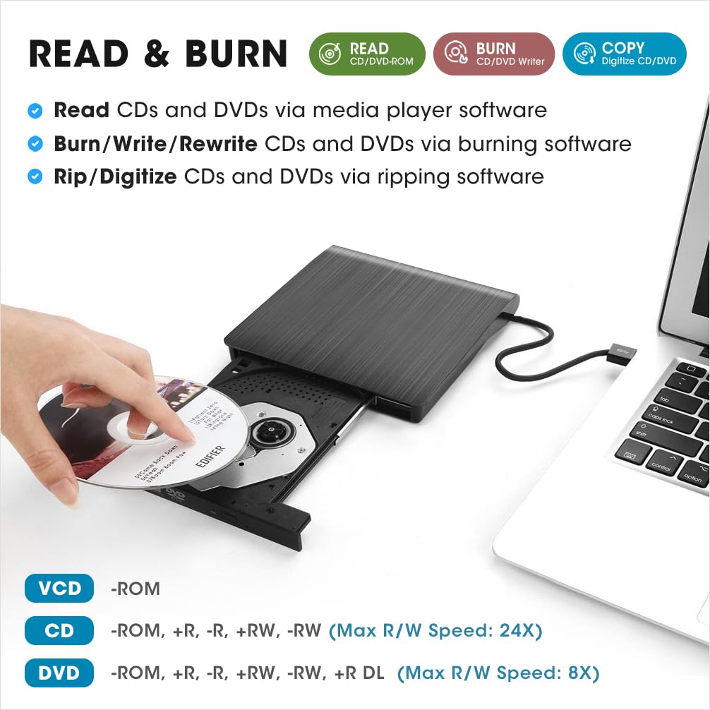 Roofull External Cd/Dvd Drive Usb 3.0 Portable Cd Dvd Player Burner Reader Writer Cd/Dvd Rom +/ Rw Optical Disk Drive For Laptop