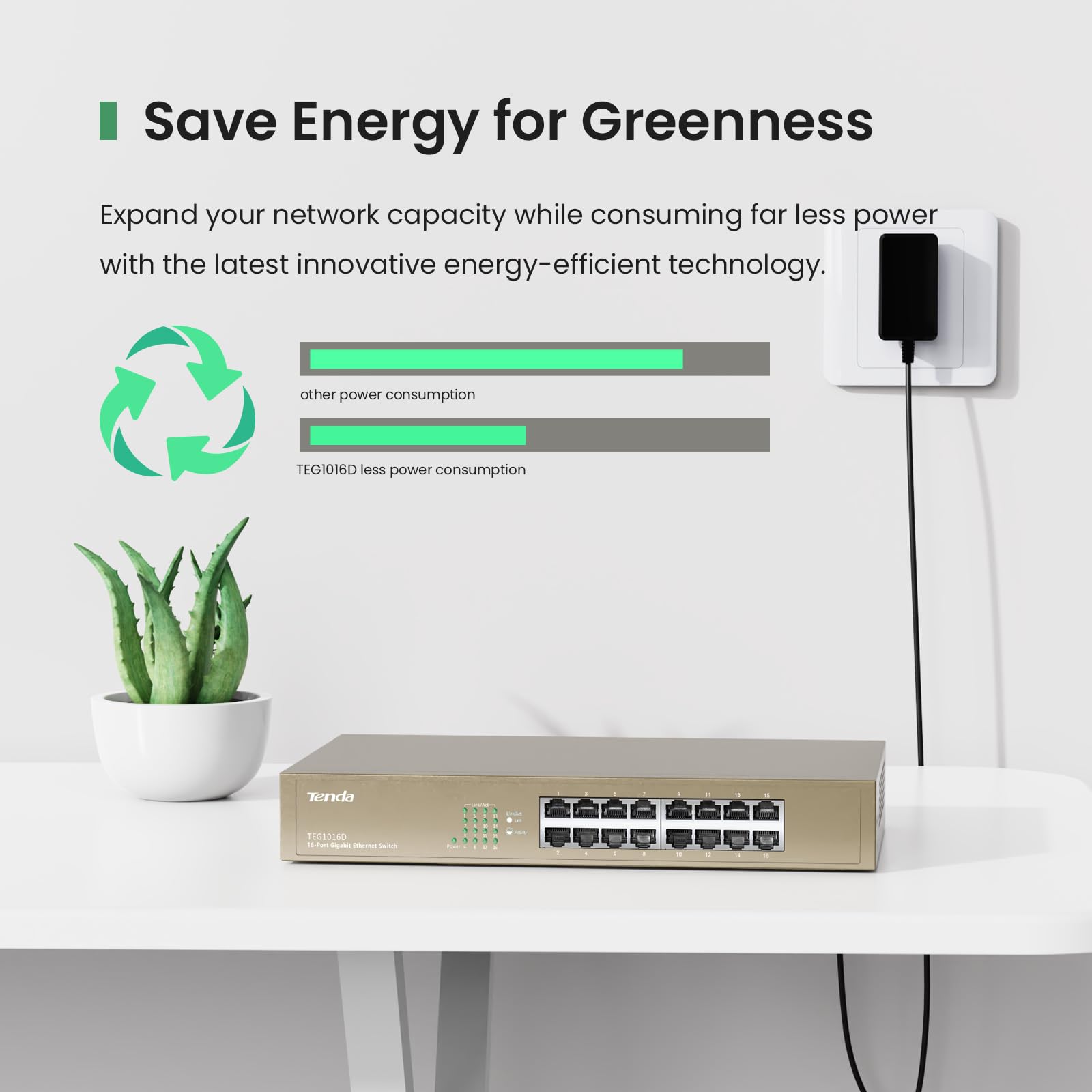 Tenda Teg1016D, Unmanaged 16 Port Gigabit Switch, Rackmount Ethernet Switch, Plug & Play, Fanless & Metal Design Network Switch,