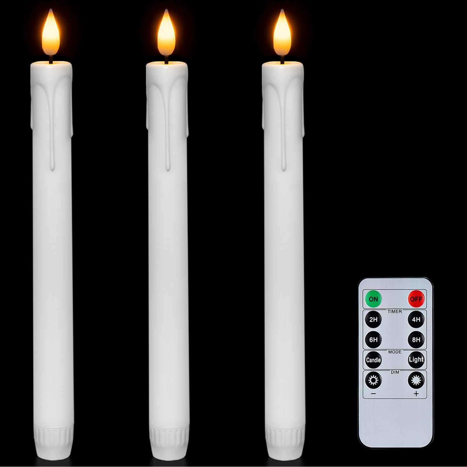 Homemory 3 Pcs Flameless Taper Candles With Remote Timer Dimmer, 9.6'' White Flickering Candlesticks Battery Operated, Realistic
