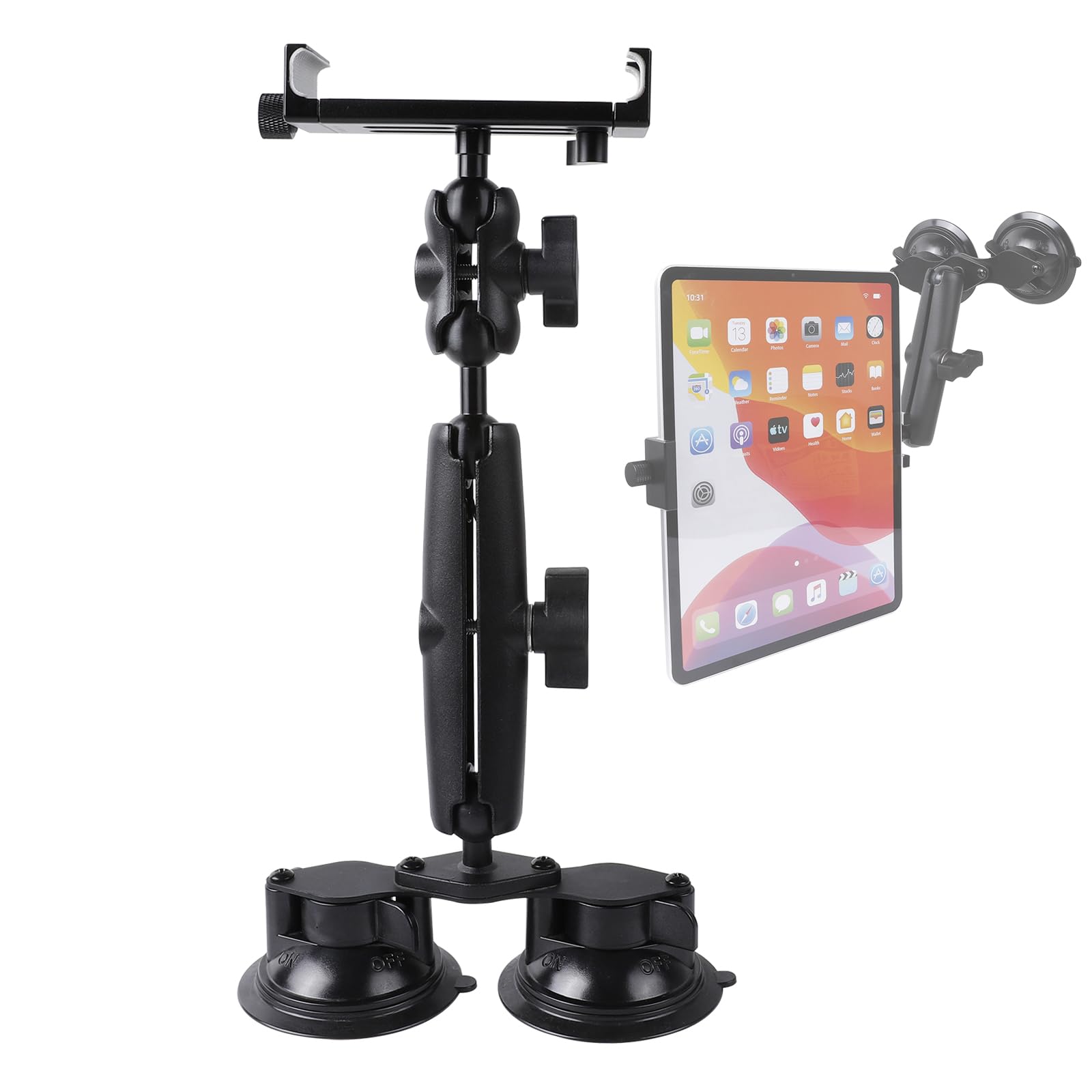 Aluminum Tablet Holder for All iPad, 360 adjustable Secure Double Suction Cup Mount for Car Truck Windshield,Sunroof, Compatible