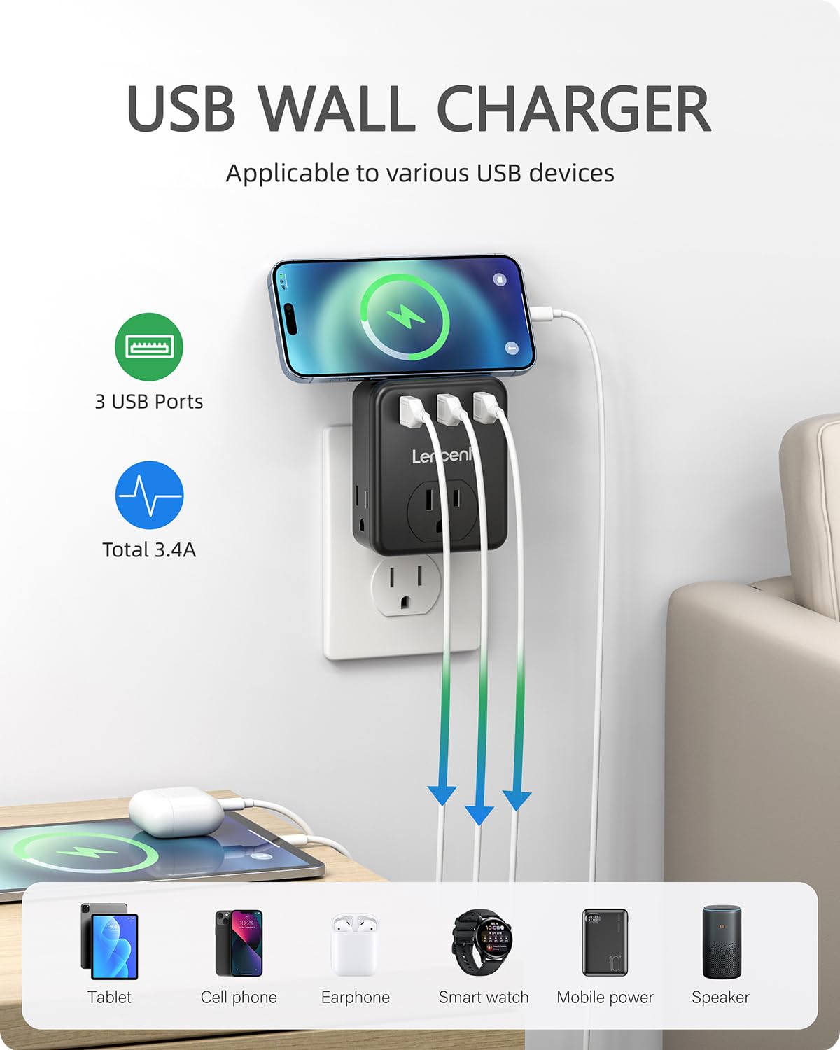 Lencent Multi Plug Outlet Extender, 2 Pack, Usb Brick, 3 Outlets Splitter With 3 Usb Ports, Wall Charger, 3 Prong Power Charging