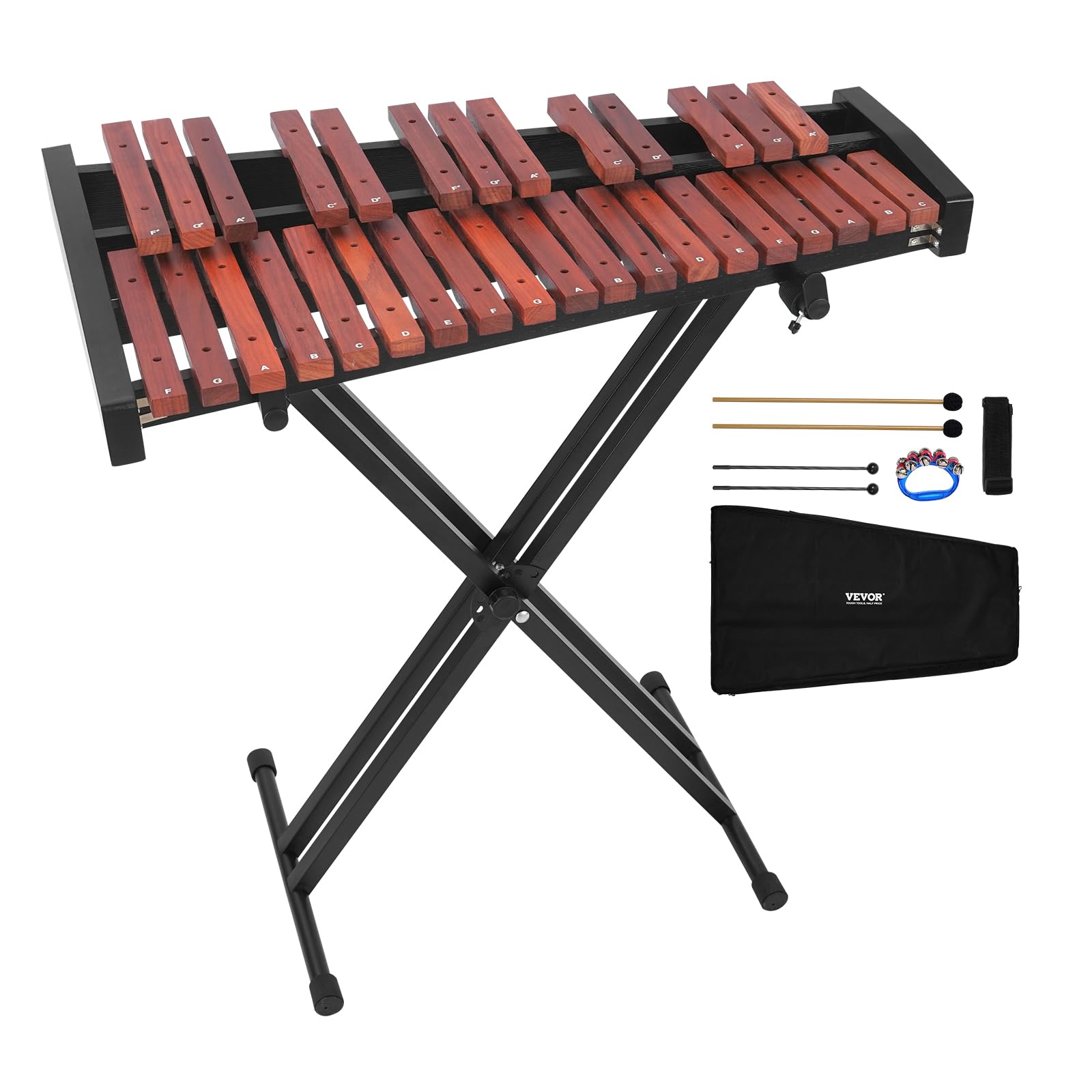 VEVOR Glockenspiel Xylophone, 32 Notes, Wooden Professional Xylophone Percussion Instrument, with Height Adjustable Stand, 4 Mal