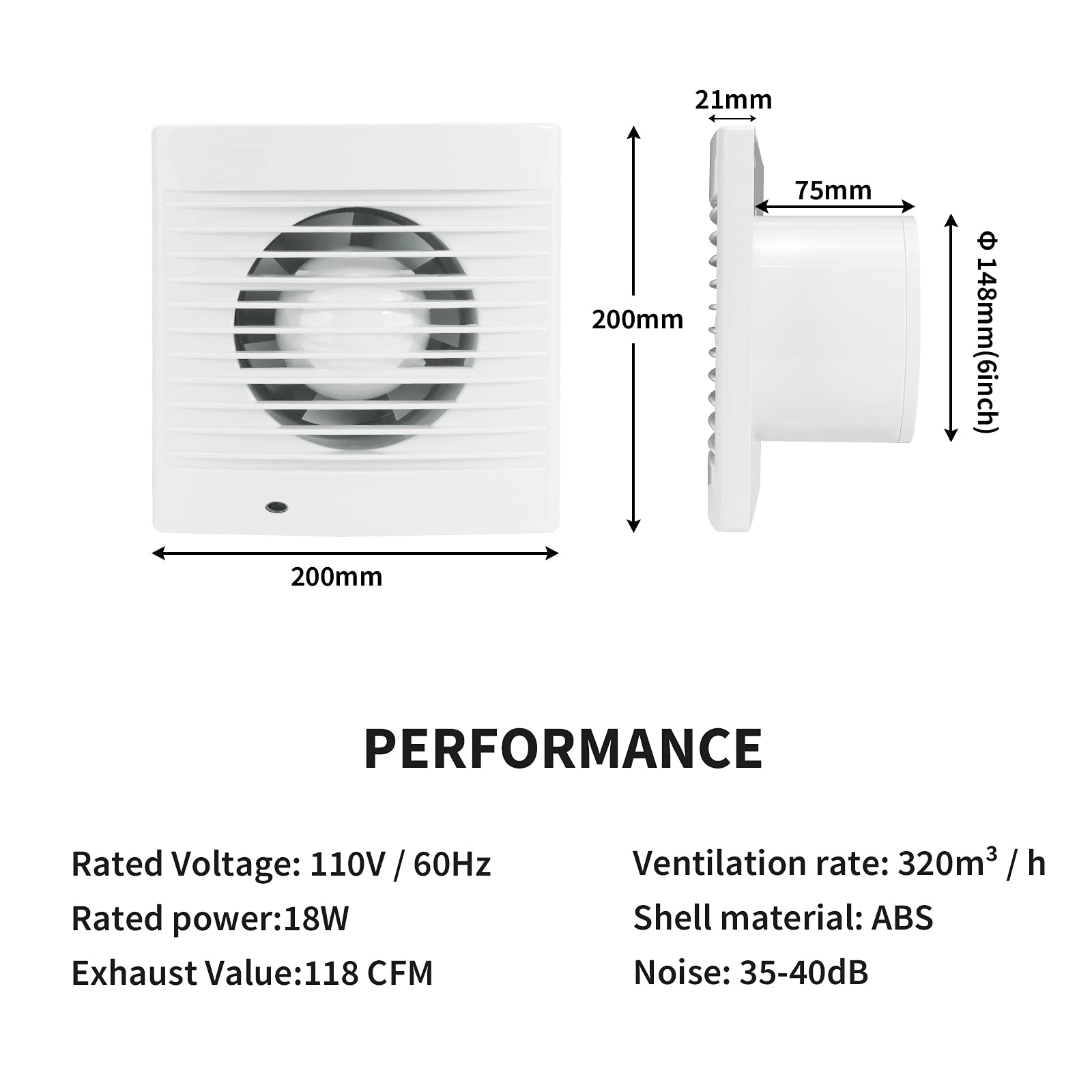 Hugoome Exhaust Fan 188 Cfm, 18W 320M/H Ventilation Extractor With Anti Backflow Check Valve Chain Switch, Window And Wall Mount